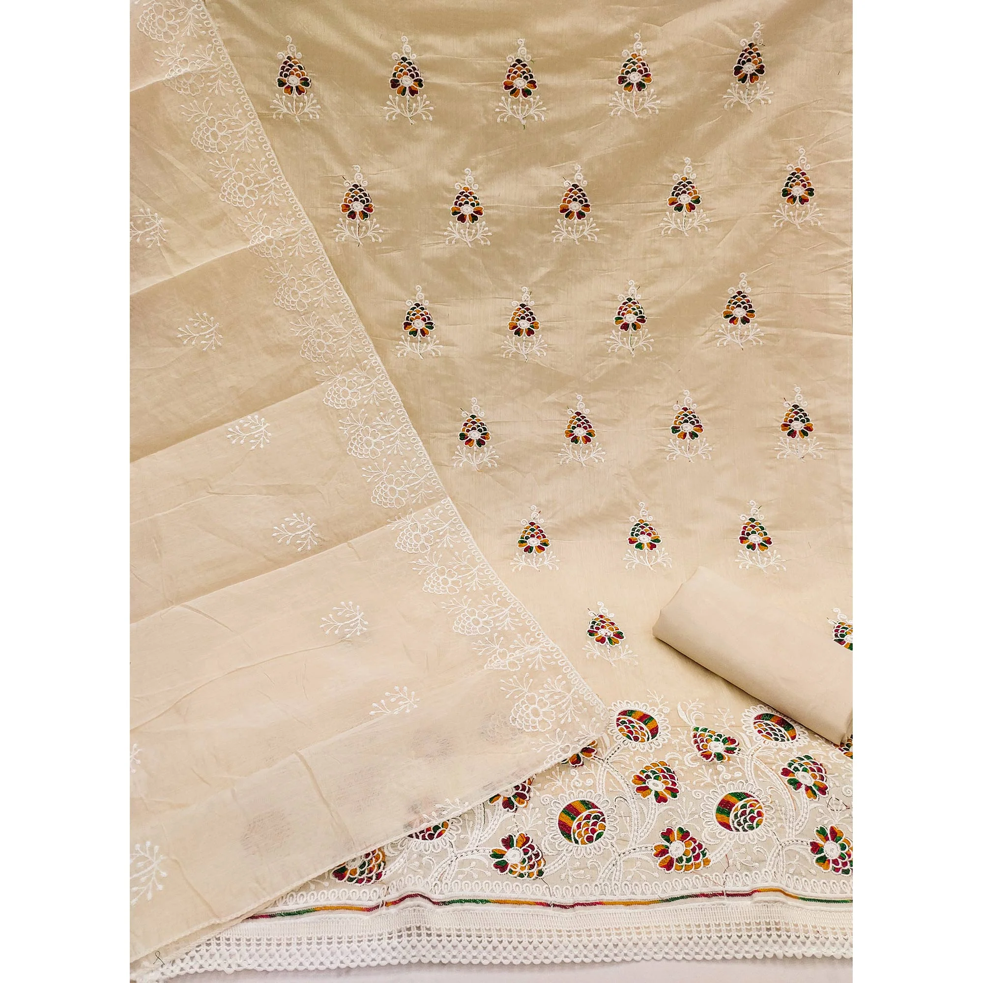 Cream Chanderi Cotton Dress Material with Elegant Floral Thread Embroidery - Image 4