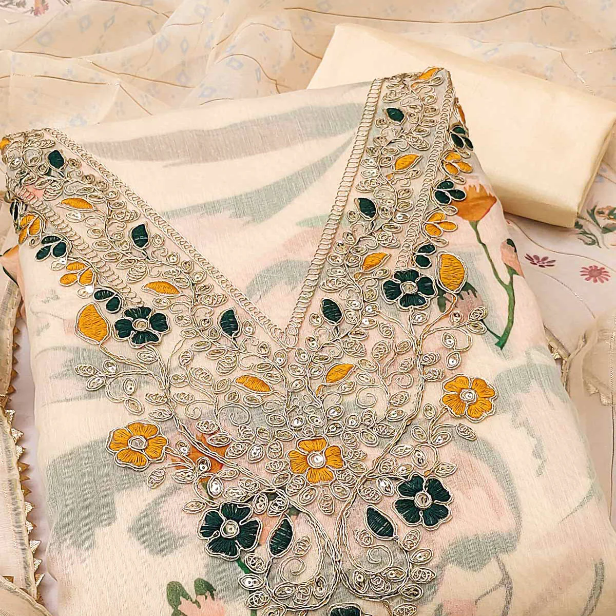 Cream Chanderi Silk Dress Material With Digital Floral Print & Cording Embroidery Work - Image 2