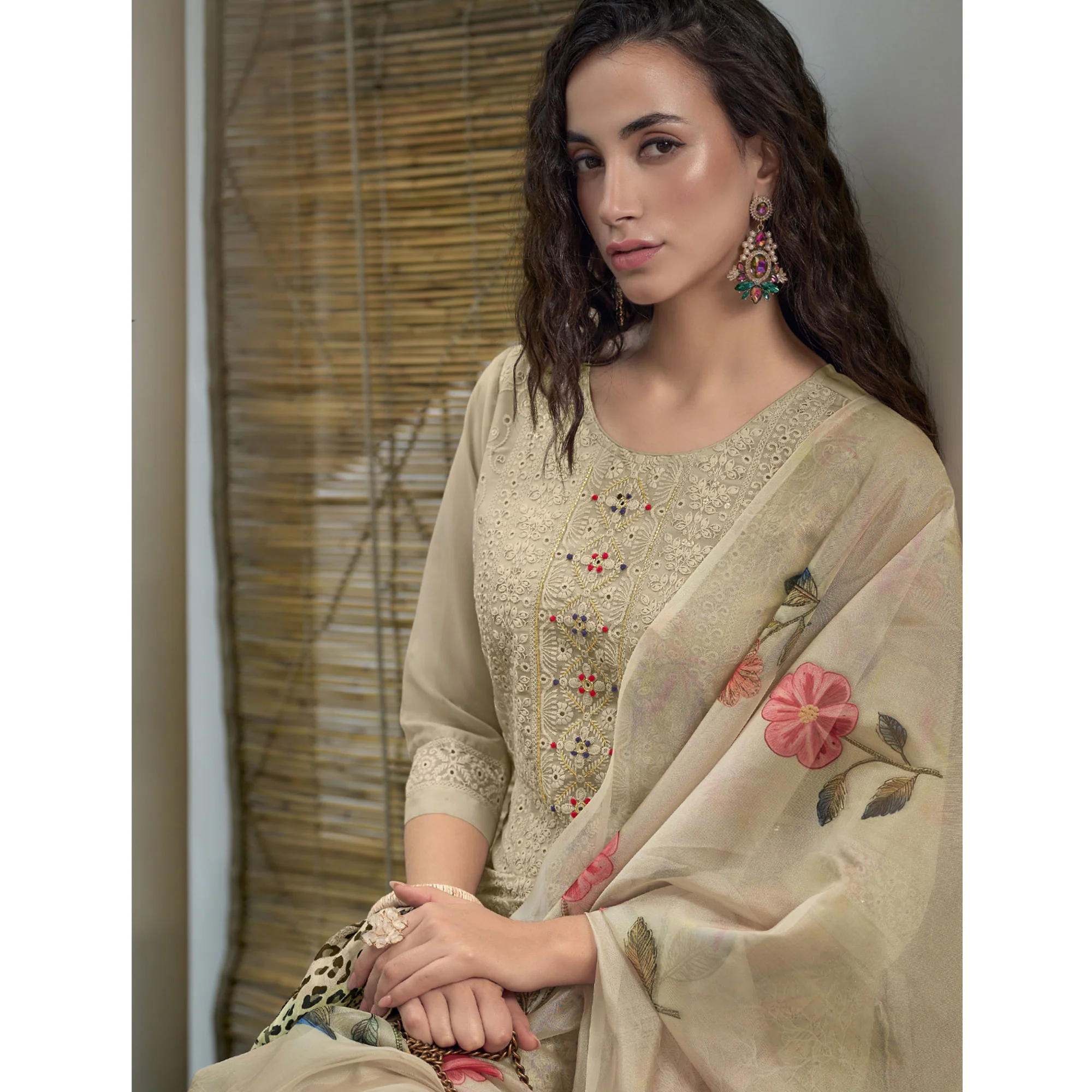 Cream Chikankari With Handwork Organza Salwar Suit - Image 6
