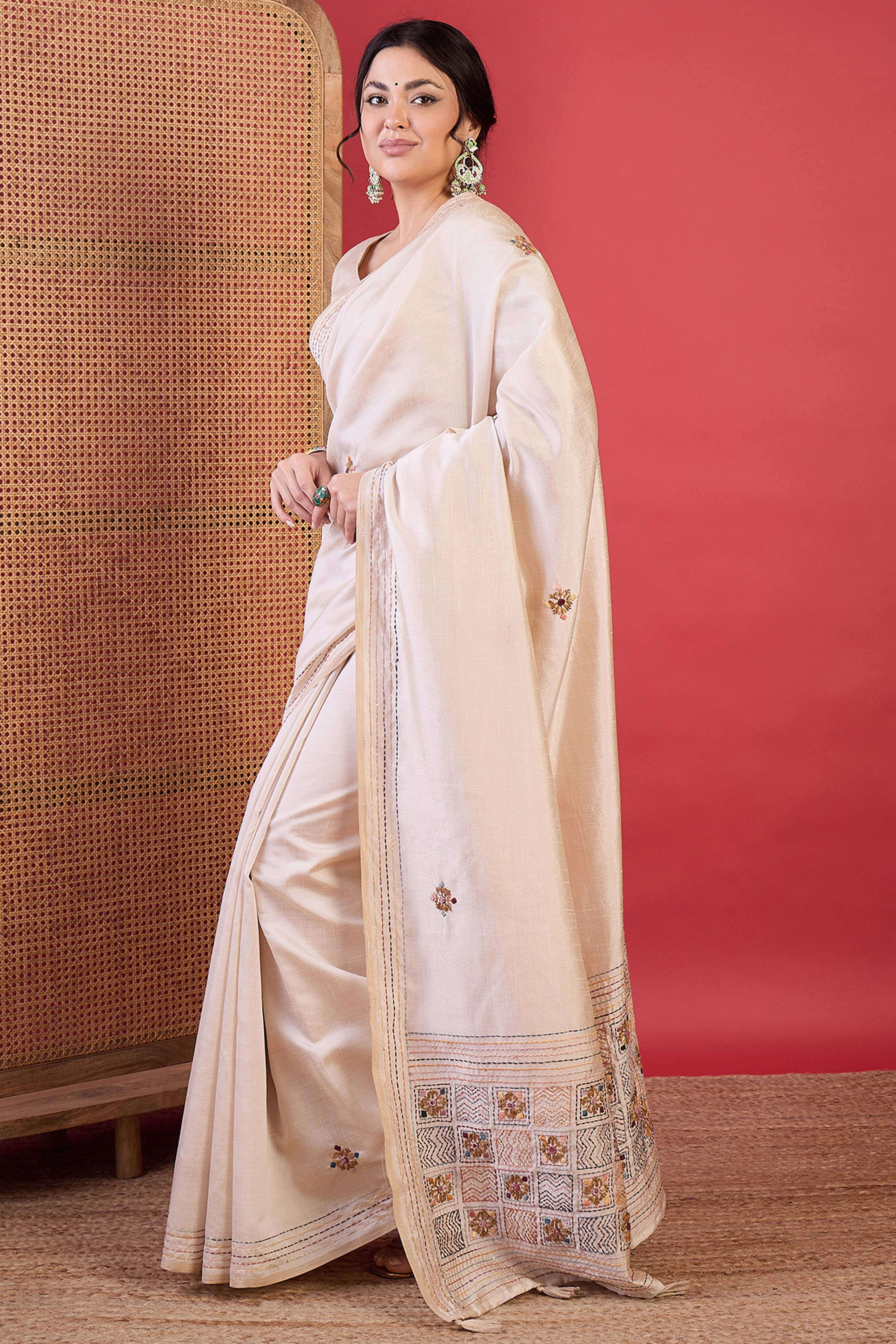 Cream Classic Tussar Silk Saree with Intricate Thread Work Embellishment - Image 4