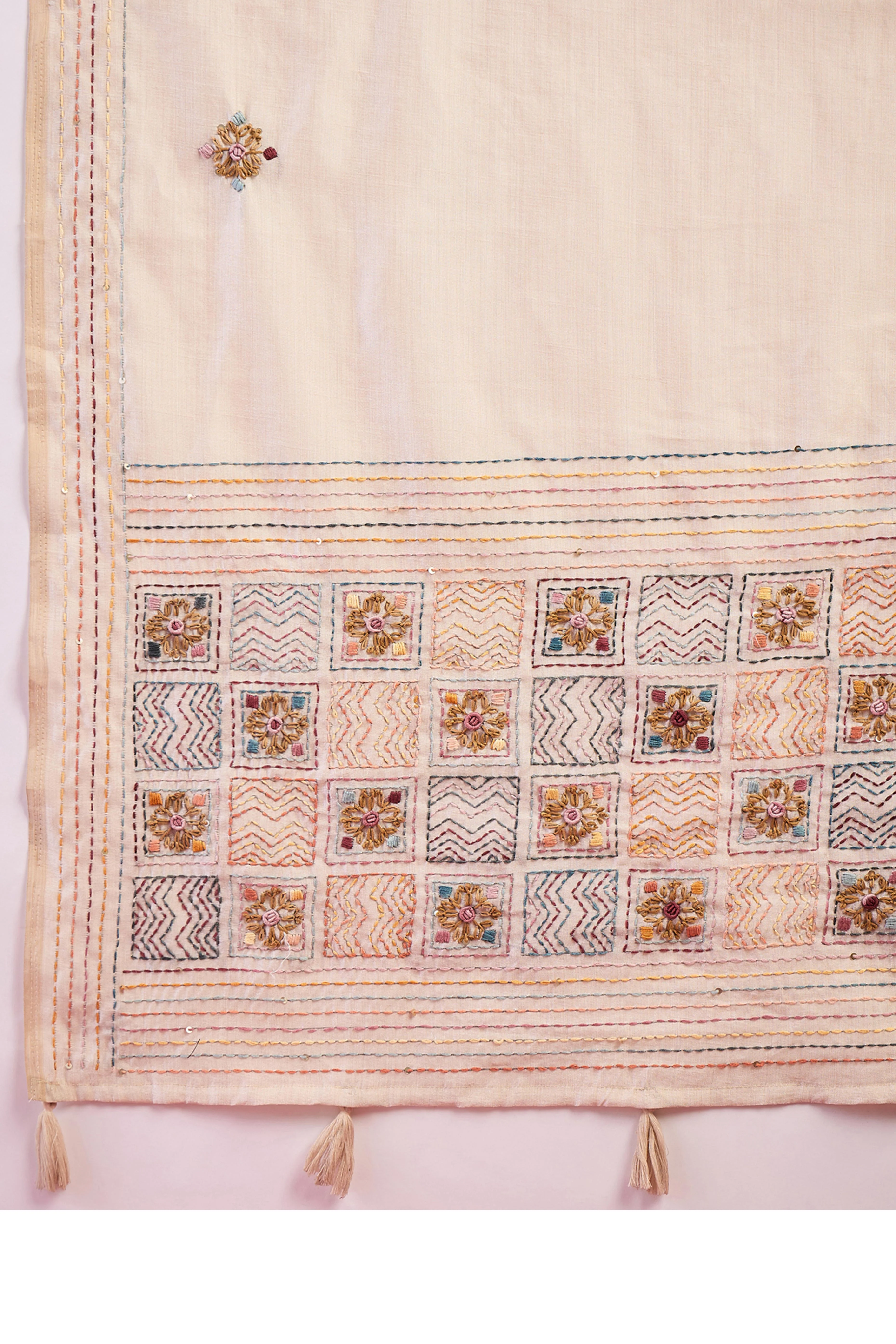 Cream Classic Tussar Silk Saree with Intricate Thread Work Embellishment - Image 9