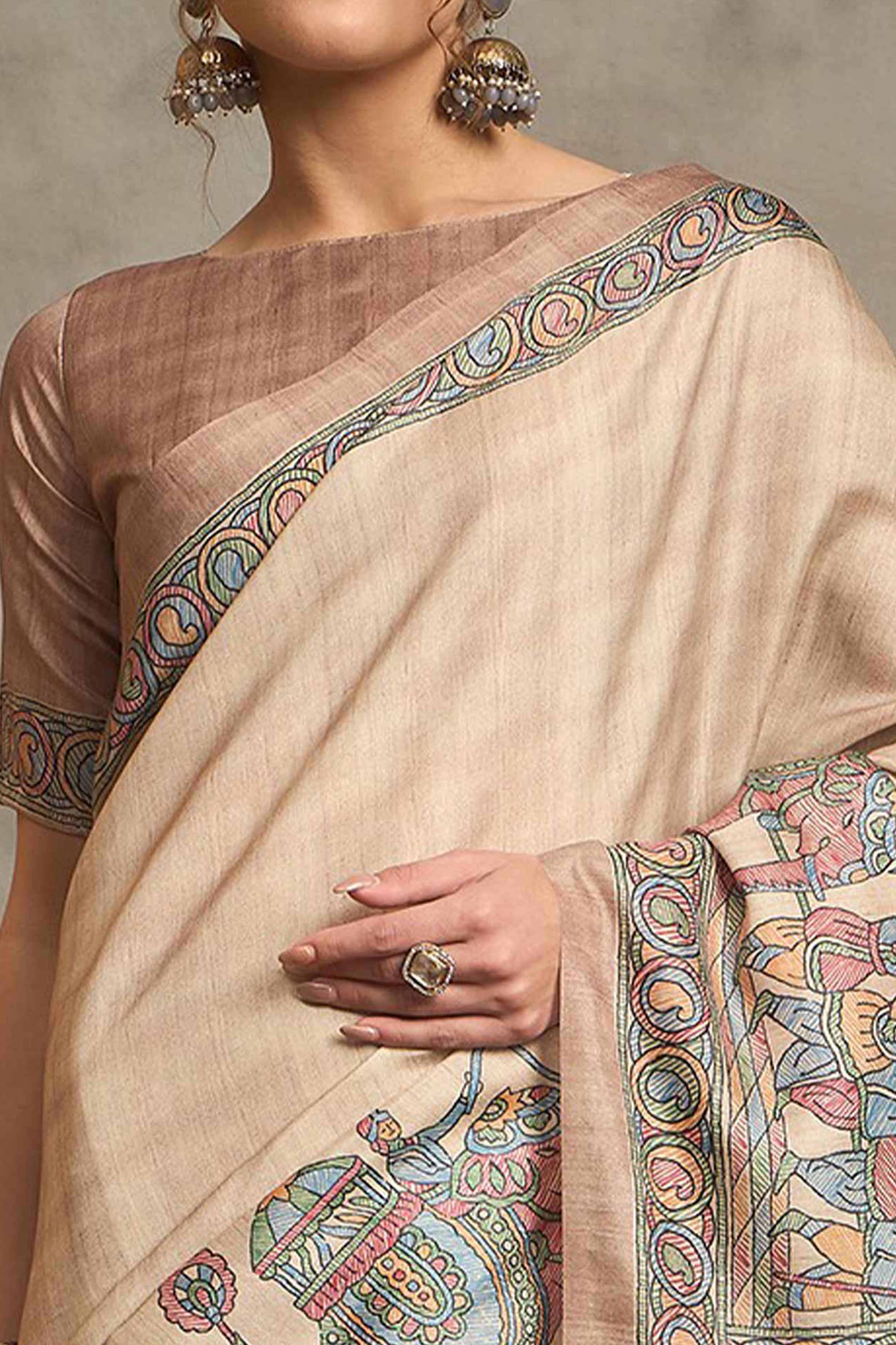 Cream Colored Art Silk Saree Featuring Artistic Madhubani Motifs - Image 2