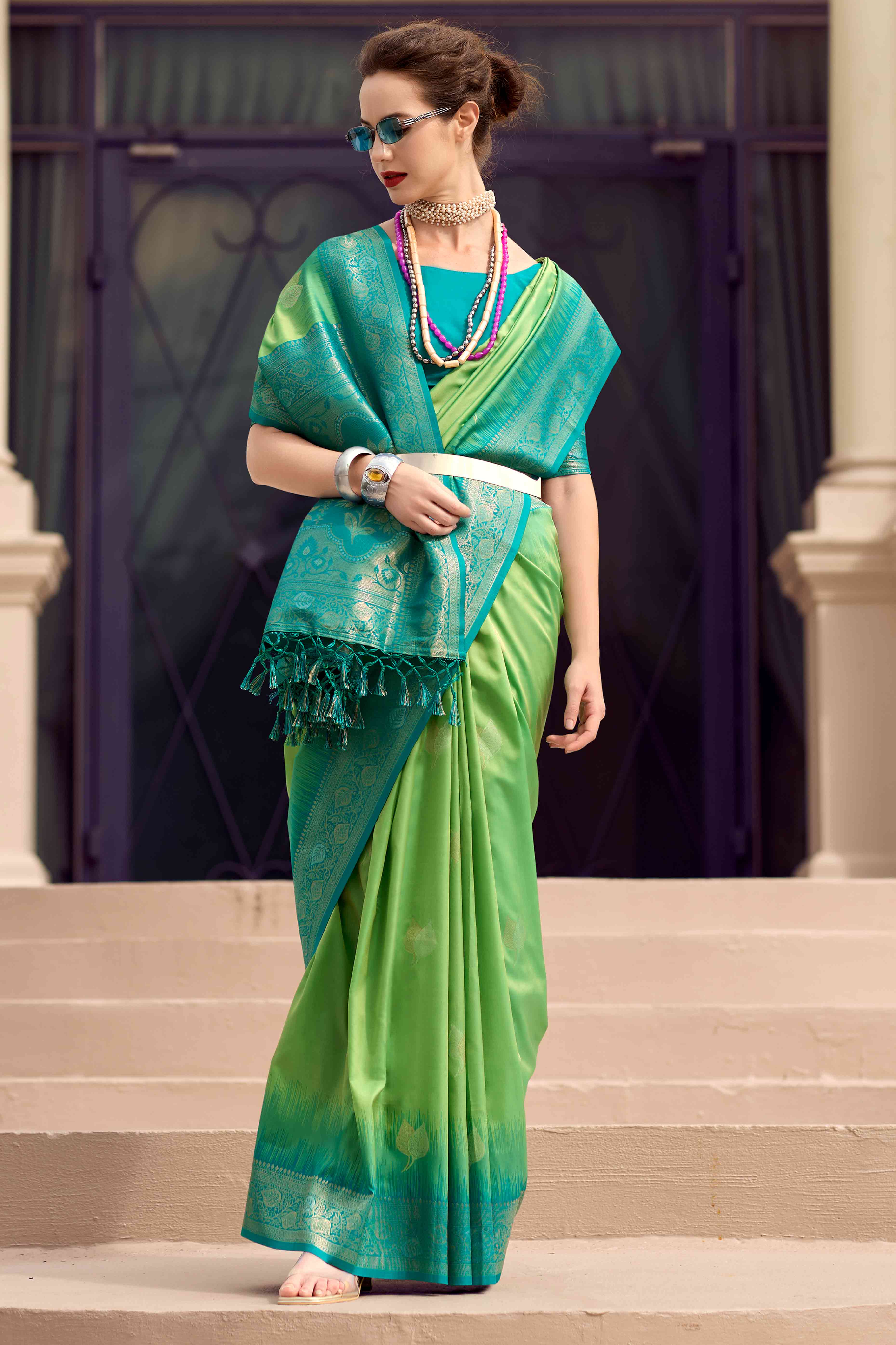 Green Zari Weaving Pure Silk Saree - Image 3
