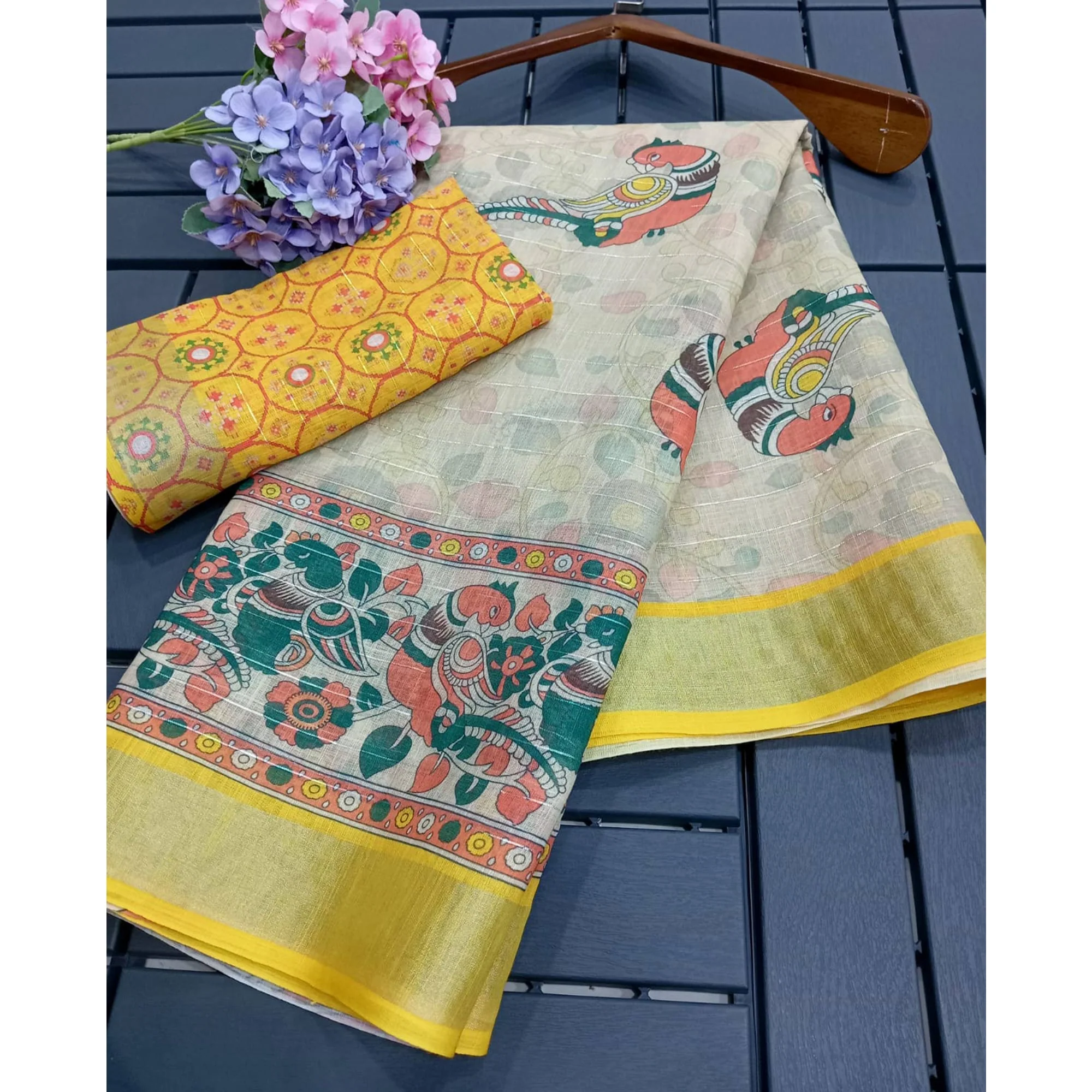 Cream Digital Printed With Zari Work Linen Cotton Saree - Image 3