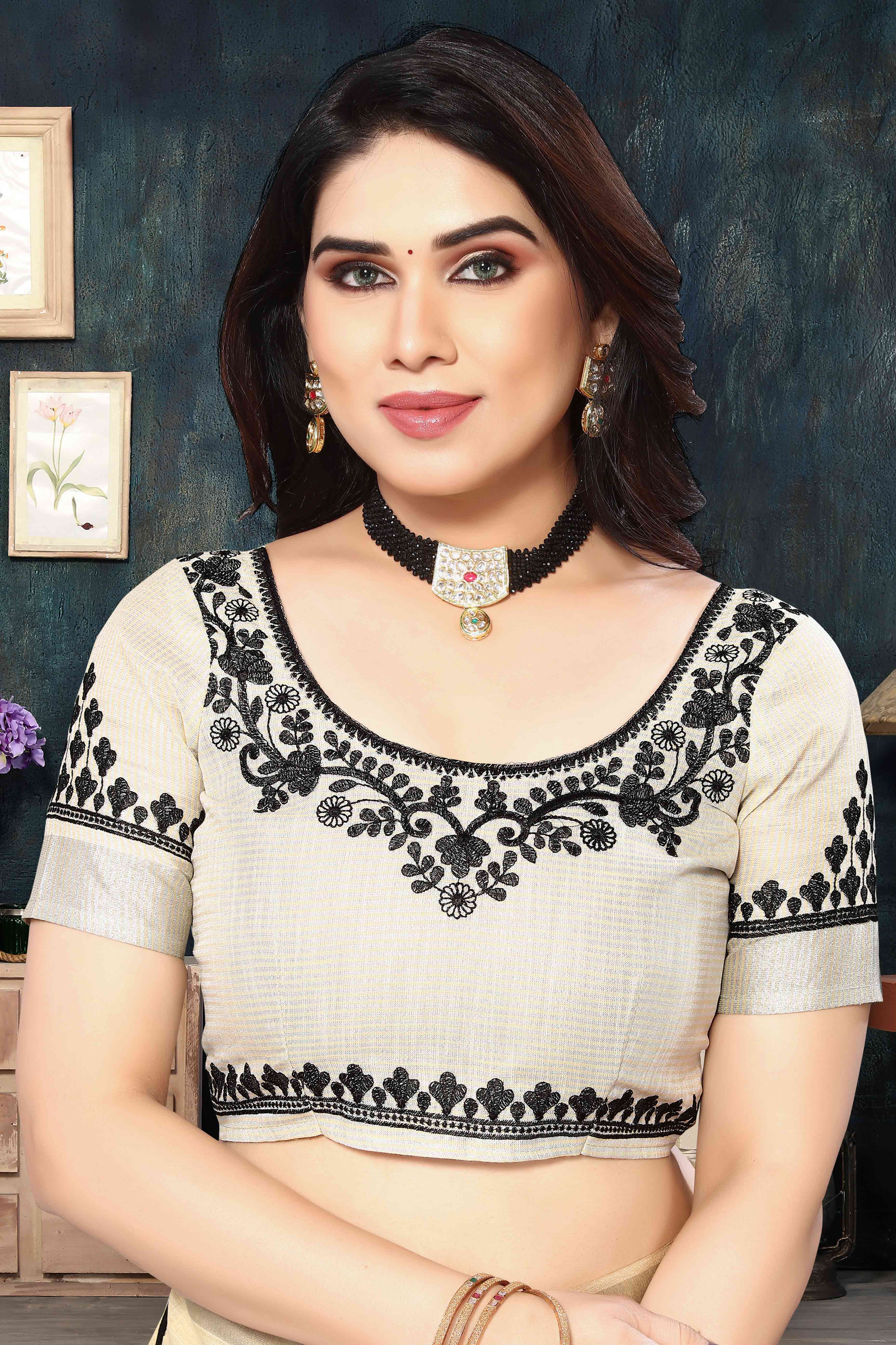 Cream Embroidered Linen Cotton Saree With Zari Border - Image 6