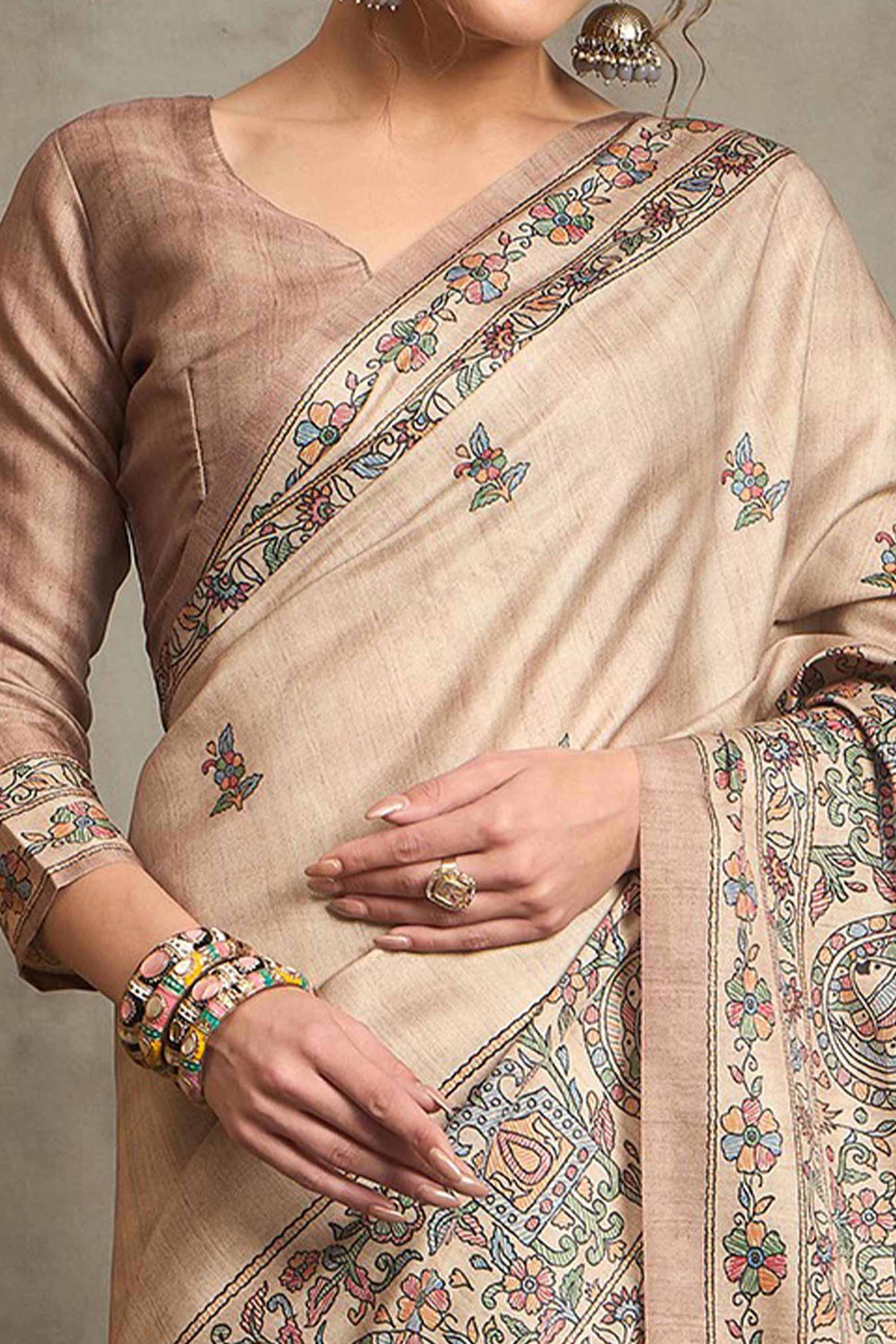 Cream Ethnic Art Silk Saree Highlighting Rich Madhubani Printwork and Artistic Flair - Image 2