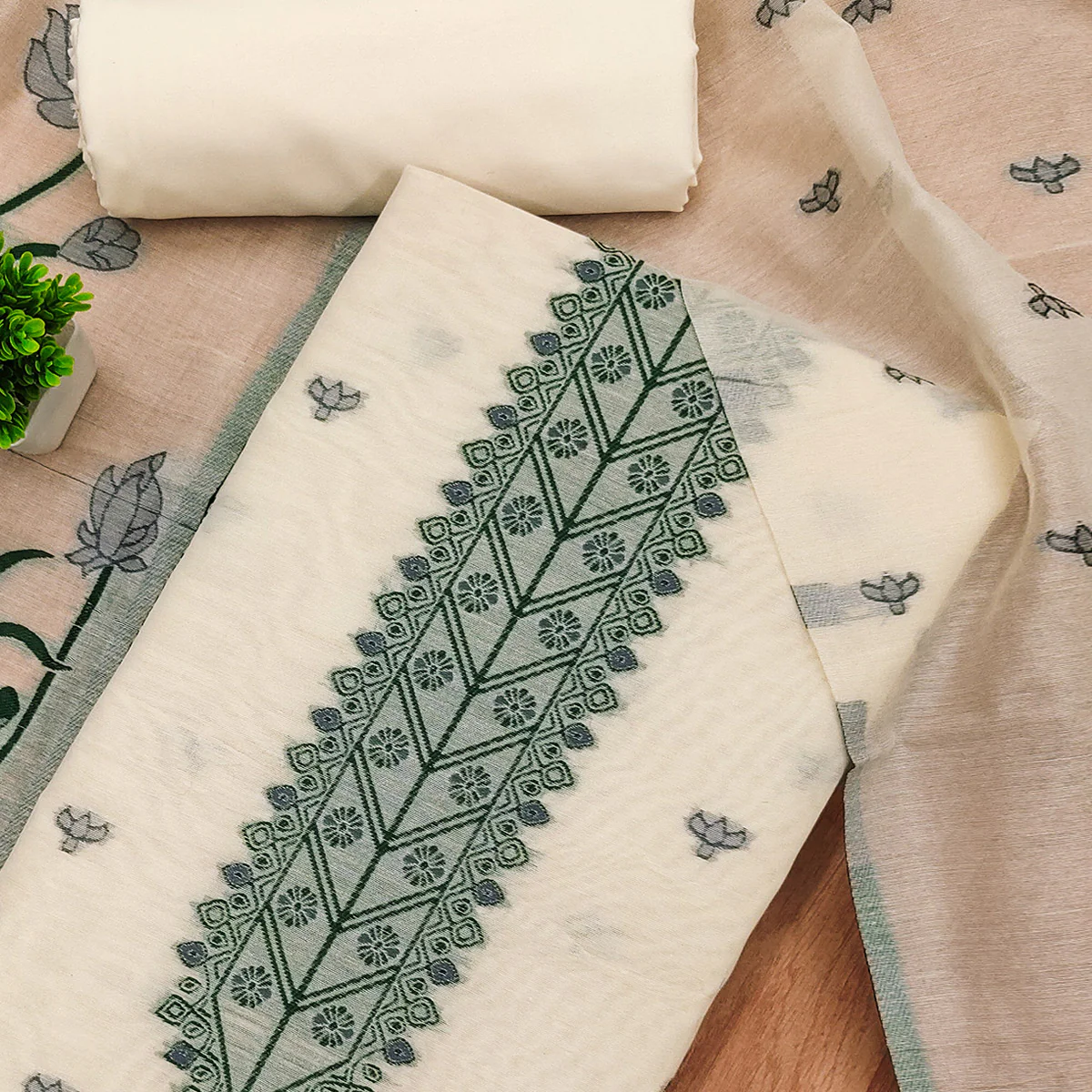 Cream Ethnic Dress Material Showcasing Handloom Style Floral Zari Weaving - Image 2