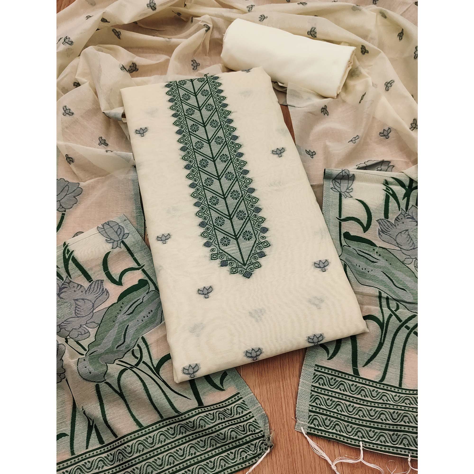 Cream Ethnic Dress Material Showcasing Handloom Style Floral Zari Weaving - Image 3
