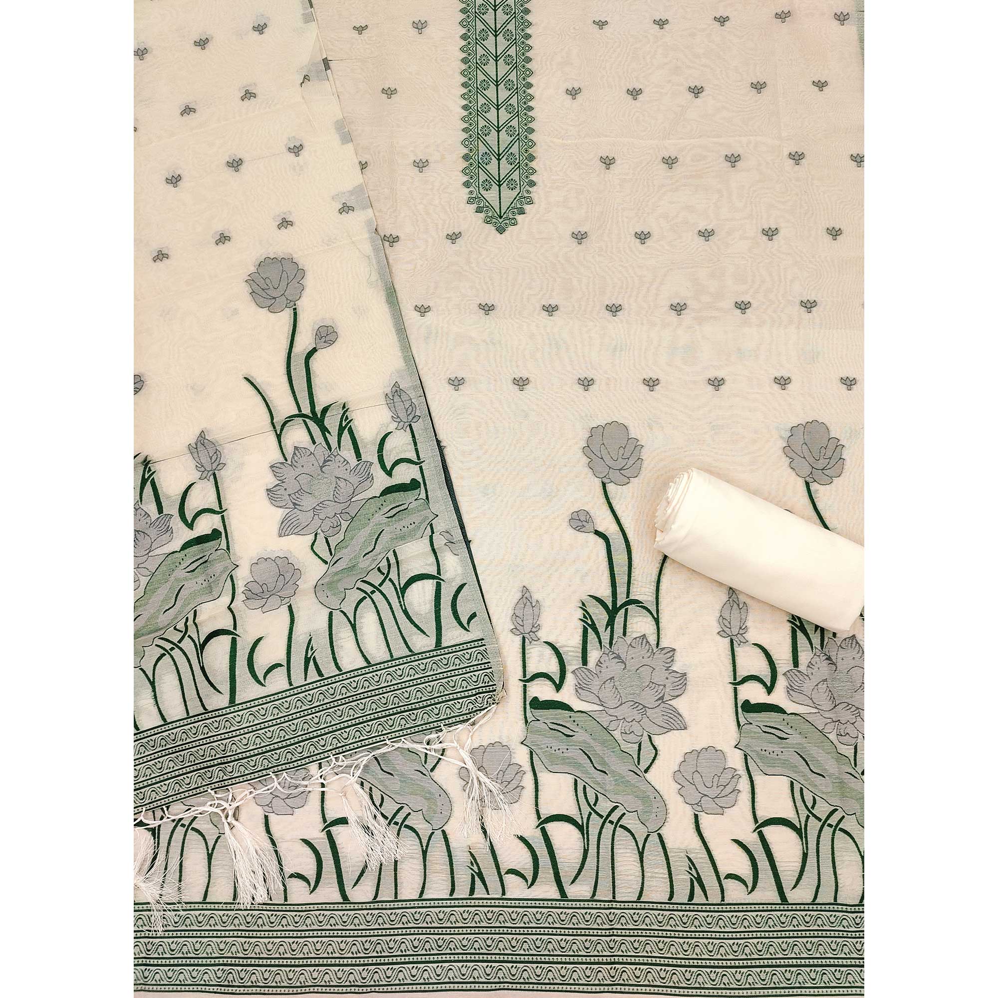 Cream Ethnic Dress Material Showcasing Handloom Style Floral Zari Weaving - Image 4