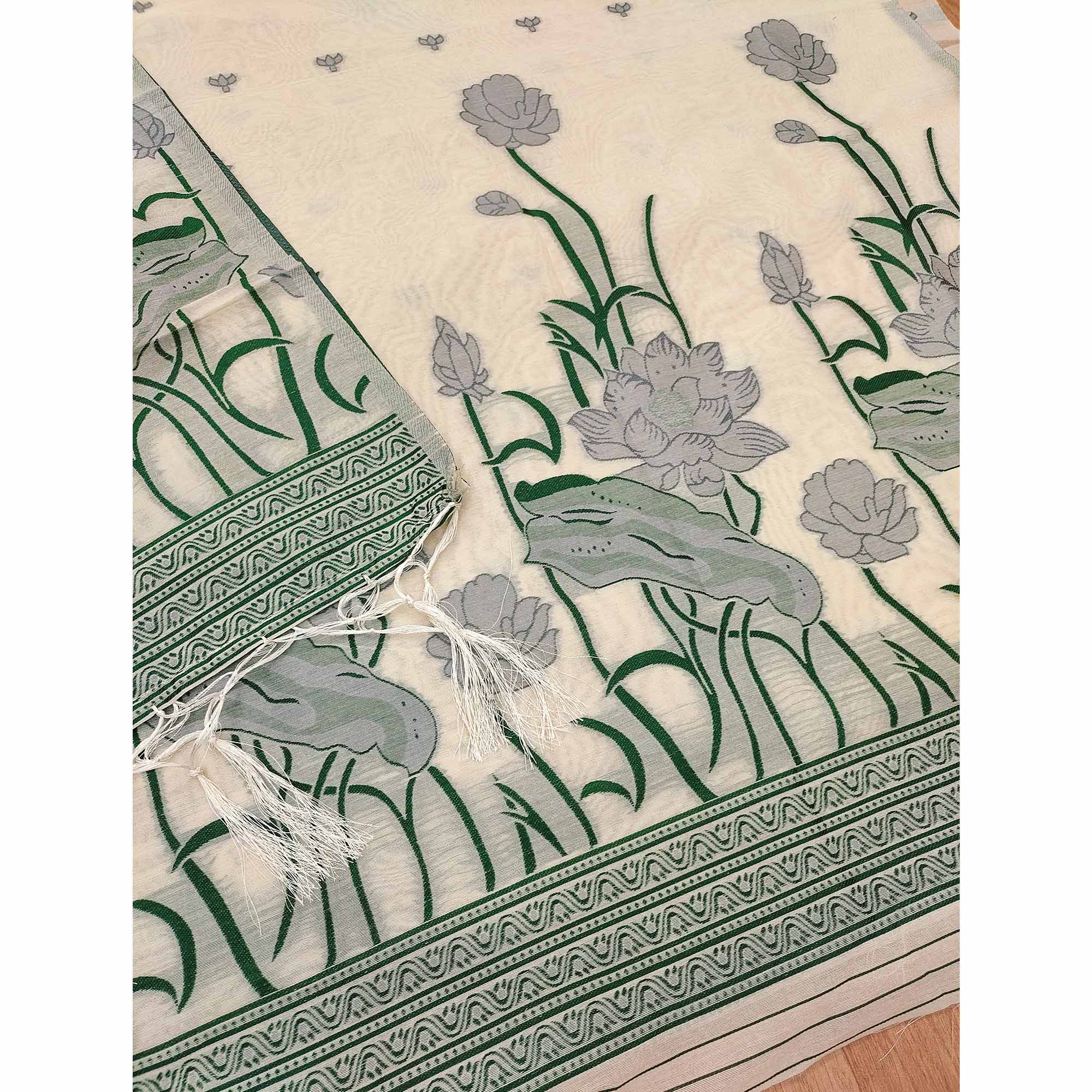 Cream Ethnic Dress Material Showcasing Handloom Style Floral Zari Weaving - Image 5