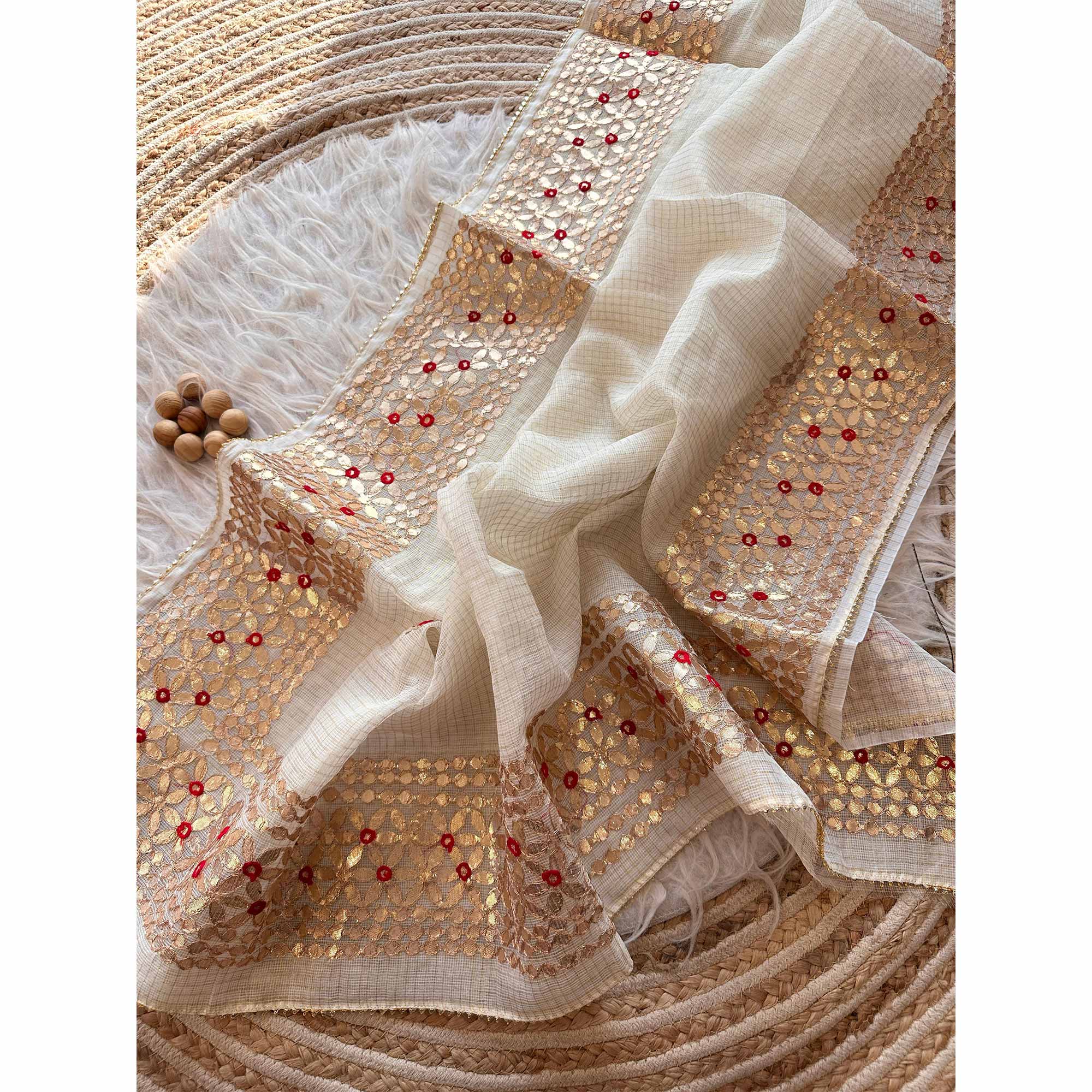 Cream Ethnic Kota Doria Saree Designed with Beautiful Traditional Gota Embroidery - Image 3