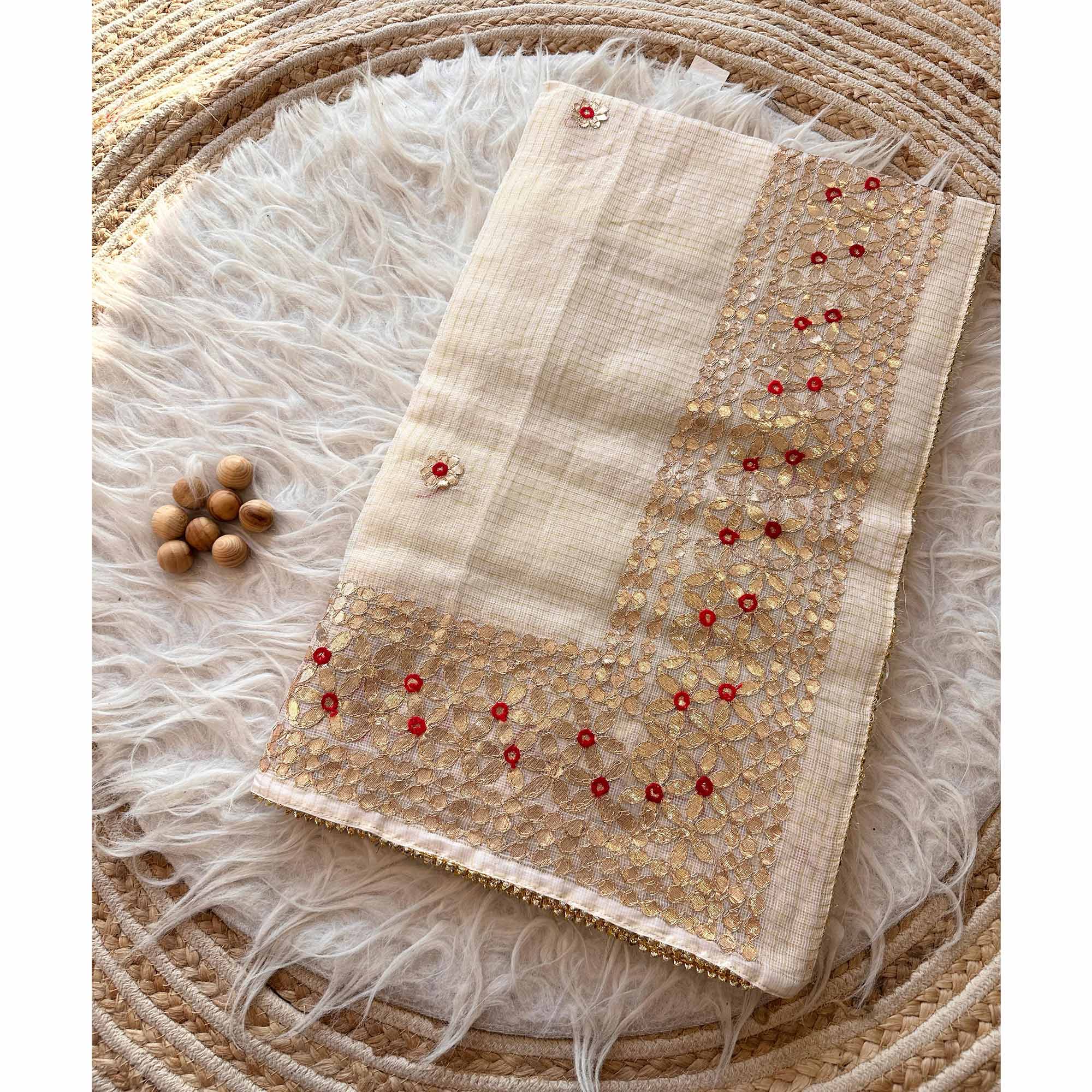 Cream Ethnic Kota Doria Saree Designed with Beautiful Traditional Gota Embroidery - Image 4
