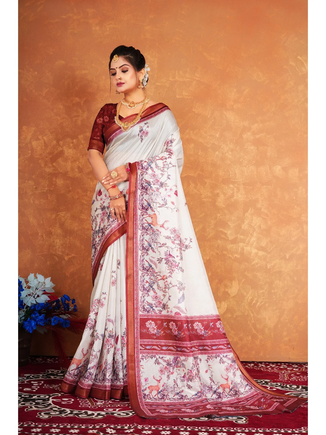 Cream Exotic Floral & Animal Pattern Digital Print Dola Silk Saree With Graceful Detailing Work