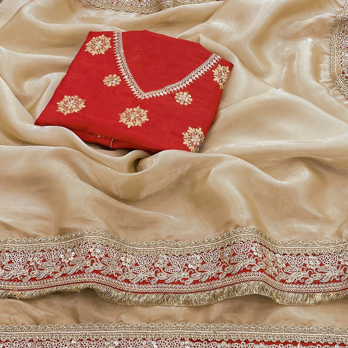 Cream Fancy Satin Solid Saree Accentuated With Elegant Lace Work - Image 2