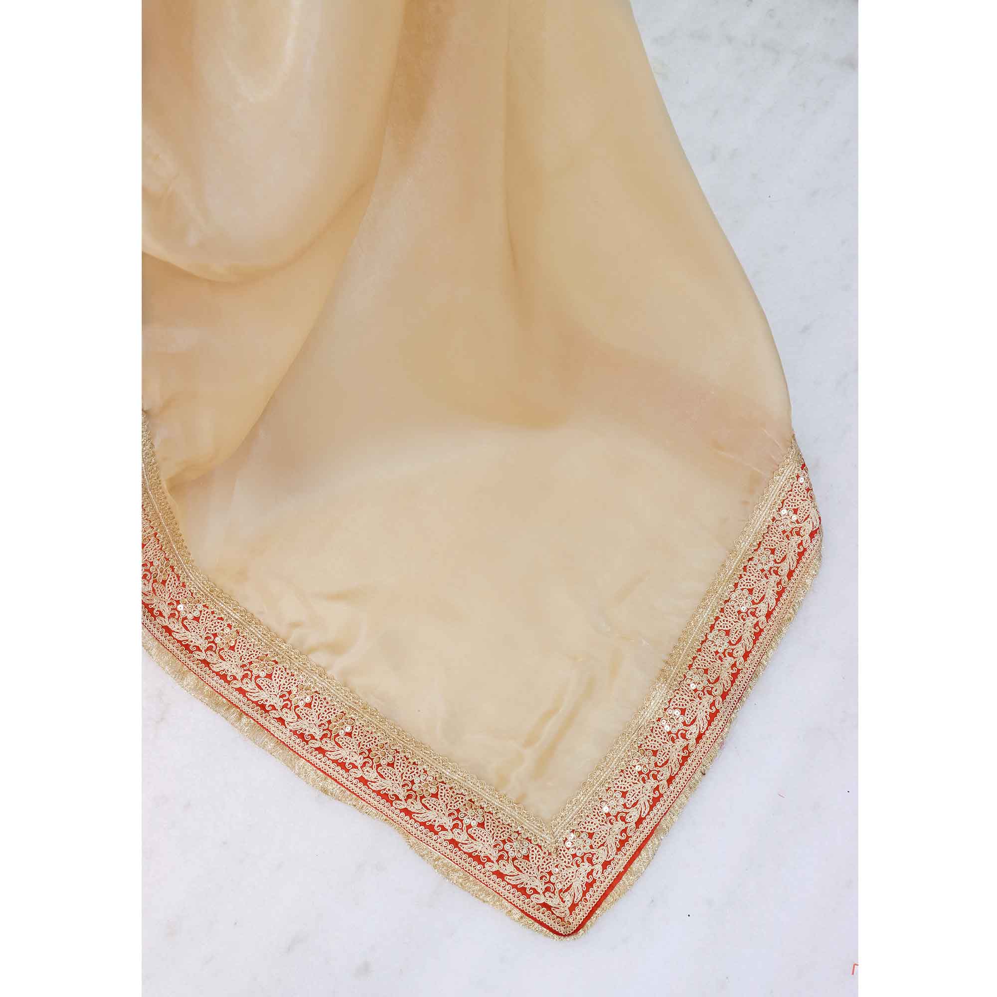 Cream Fancy Satin Solid Saree Accentuated With Elegant Lace Work - Image 5