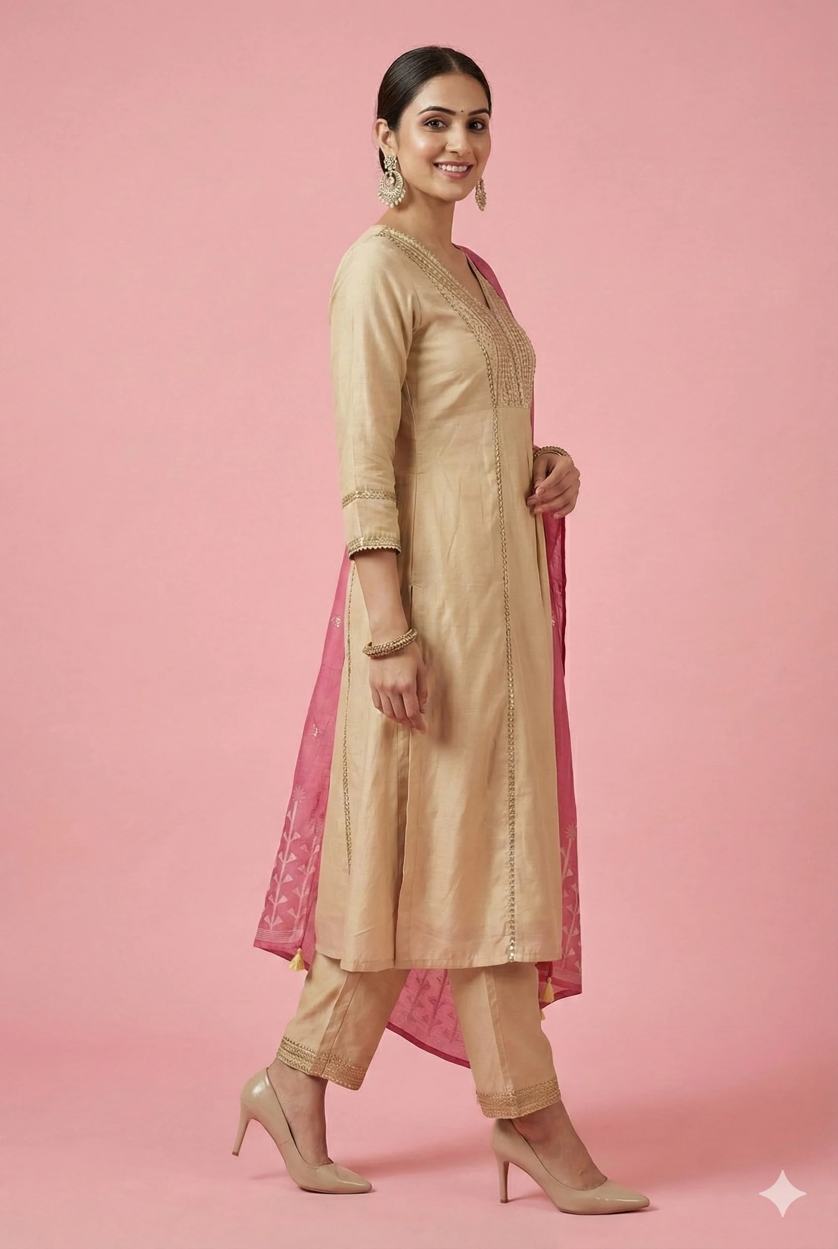 Cream Festive Wear Chanderi Silk A-Line Salwar Suit Adorned with Sequins Work - Image 4