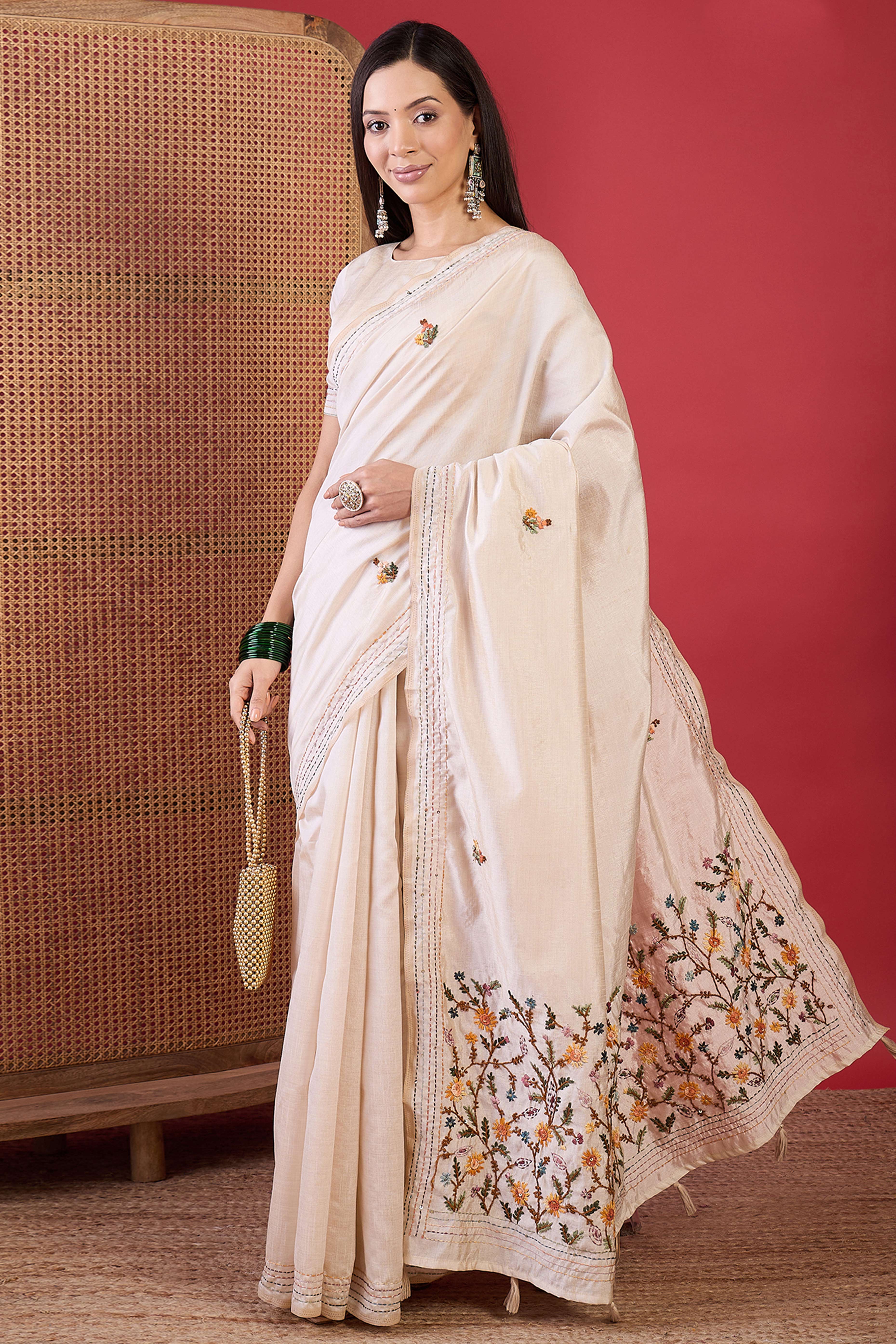 Cream Festive Wear Tussar Silk Saree Adorned with Delicate Thread Embroidery - Image 3