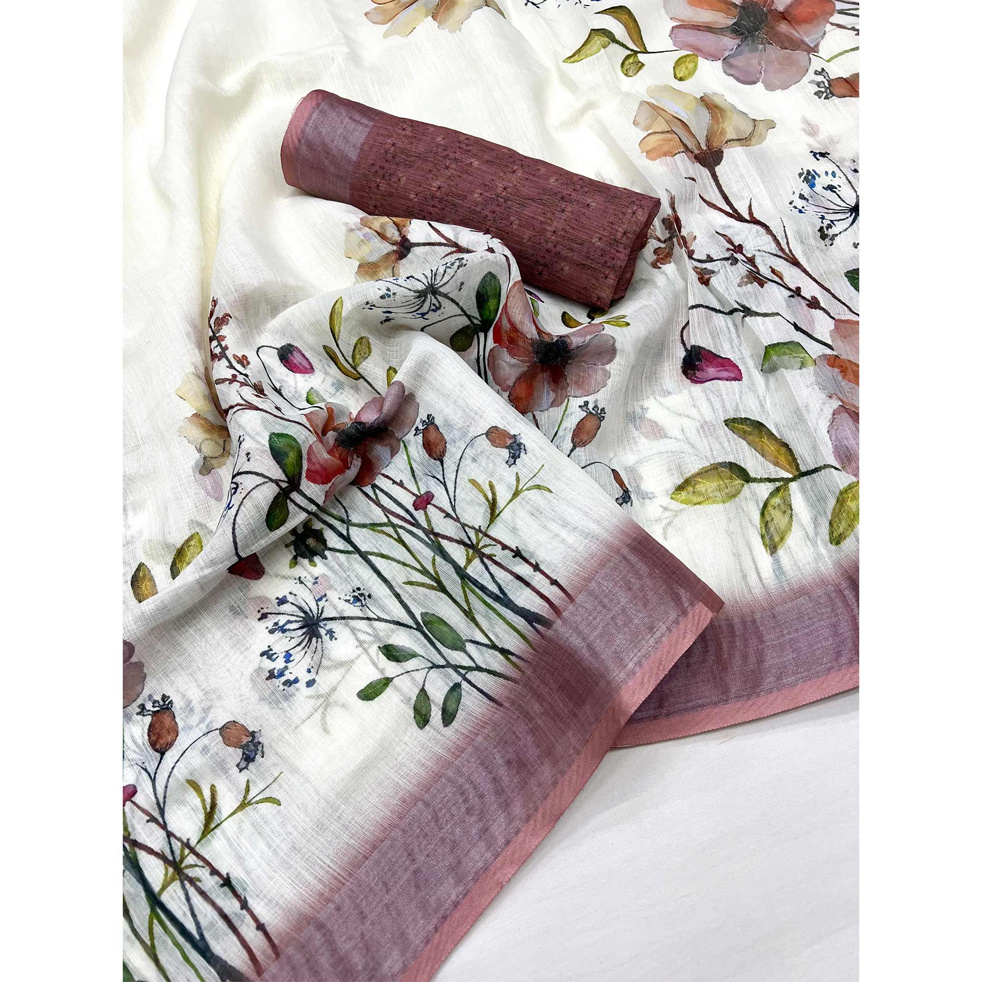 Cream Floral Digital Printed Linen Saree With Zari Border - Image 3