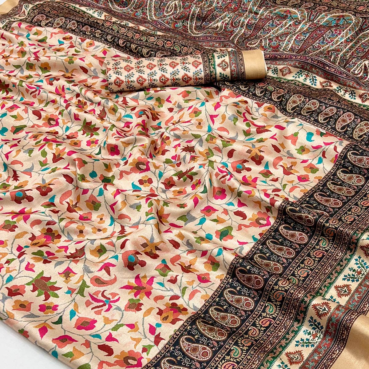 Cream Floral Digital Printed Pashmina Saree - Image 2