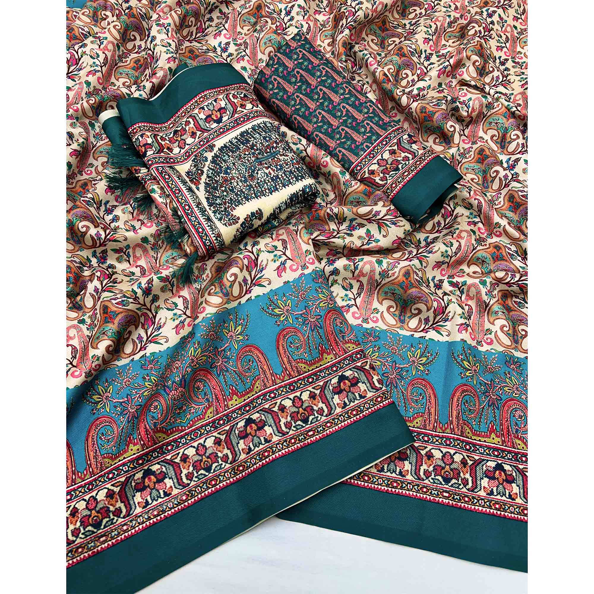 Cream Floral Digital Printed Pashmina Saree With Shawl - Image 3