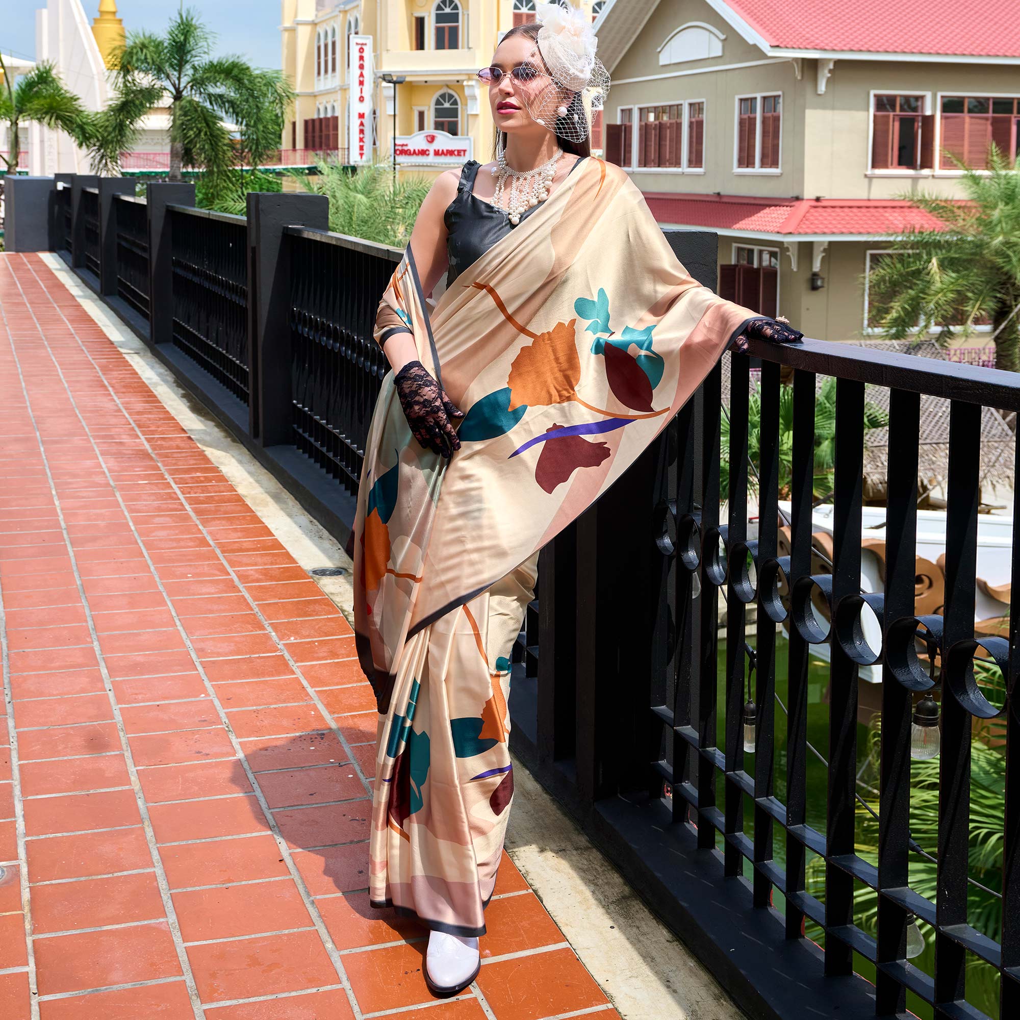 Cream Floral Digital Printed Pure Satin Saree - Image 4