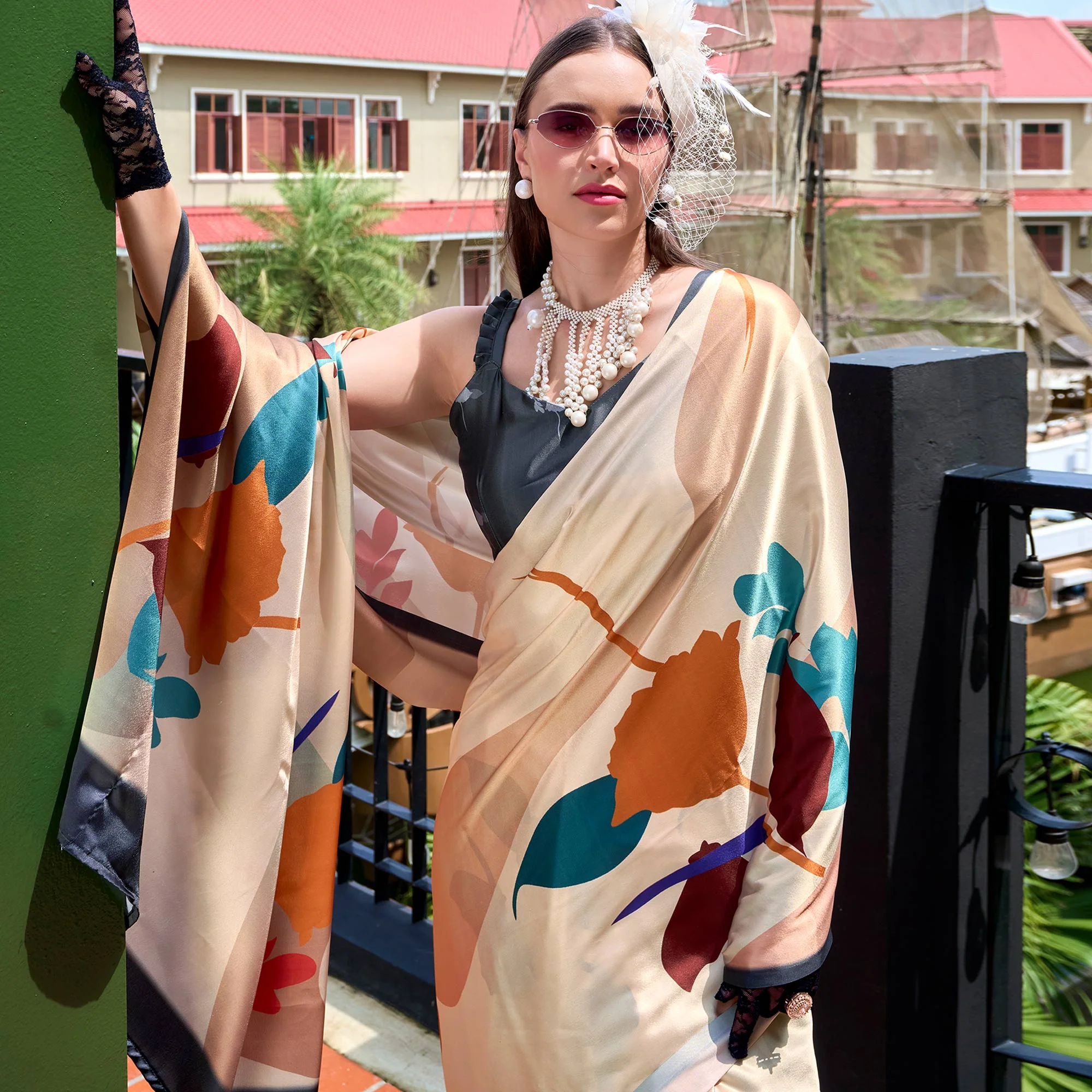 Cream Floral Digital Printed Pure Satin Saree - Image 5