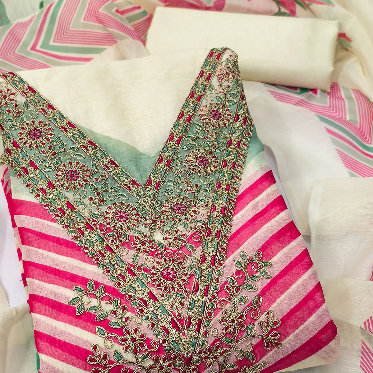 Cream Floral Digital Printed With Cording Embroidered Vichitra Silk Dress Material - Image 2