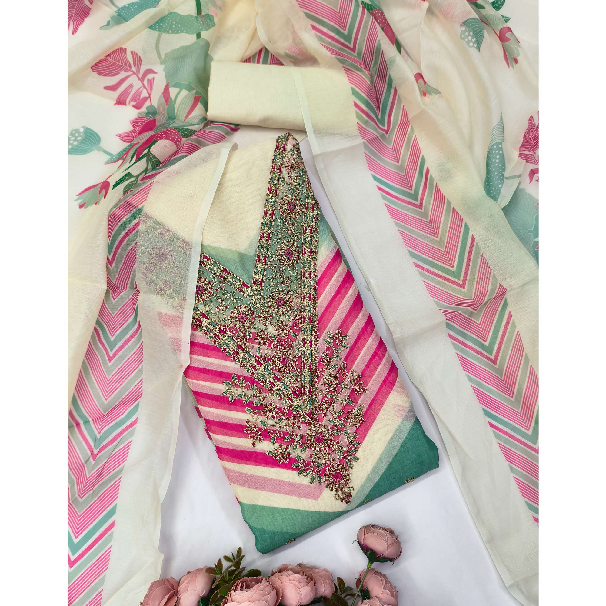 Cream Floral Digital Printed With Cording Embroidered Vichitra Silk Dress Material - Image 3