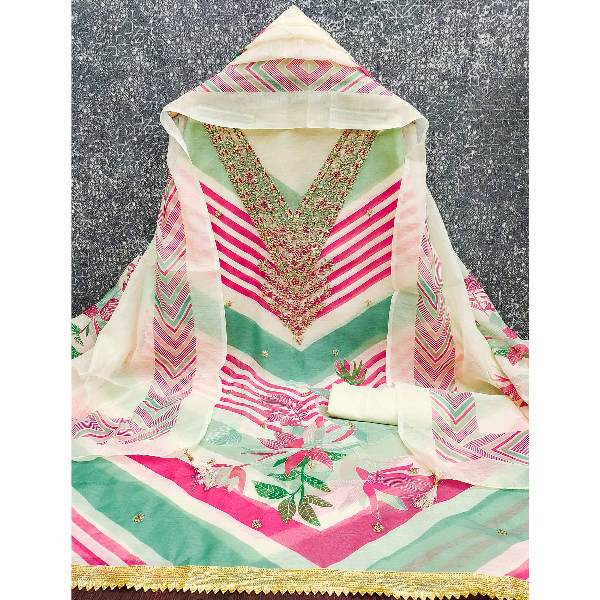 Cream Floral Digital Printed With Cording Embroidered Vichitra Silk Dress Material - Image 4