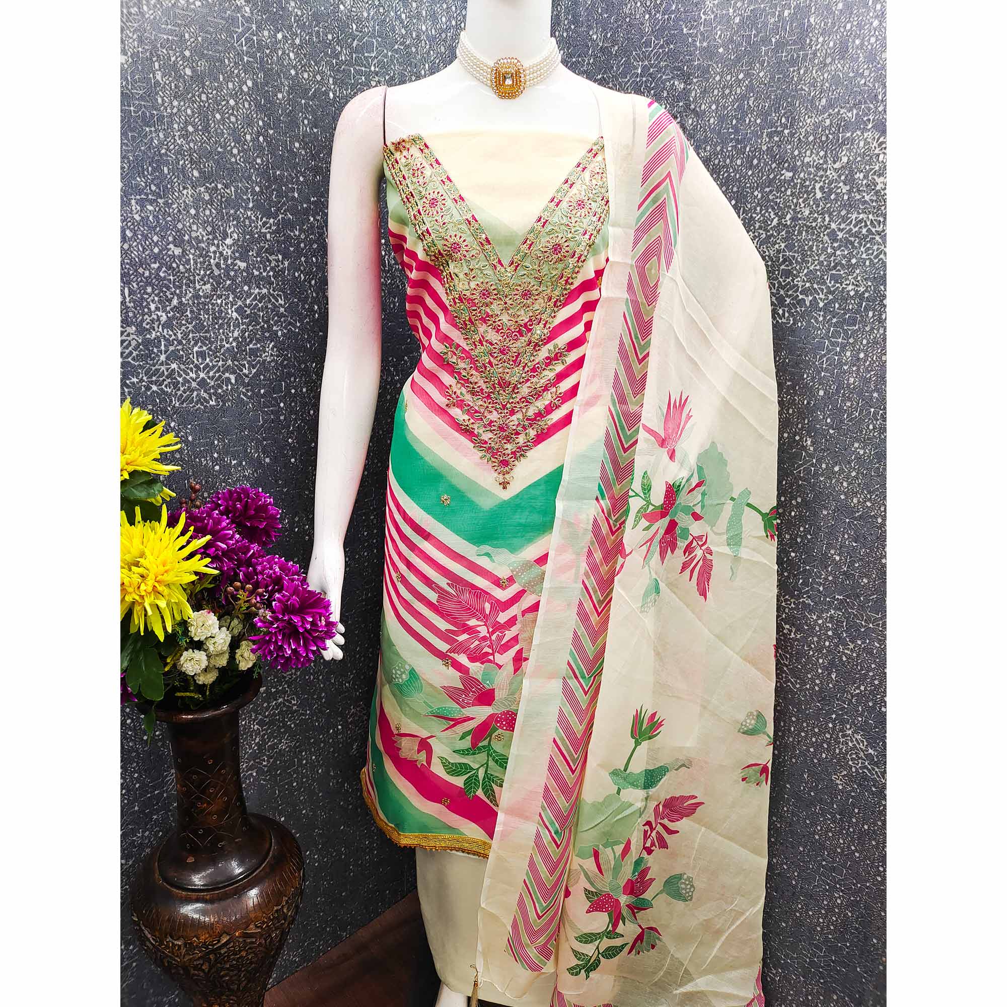 Cream Floral Digital Printed With Cording Embroidered Vichitra Silk Dress Material - Image 5