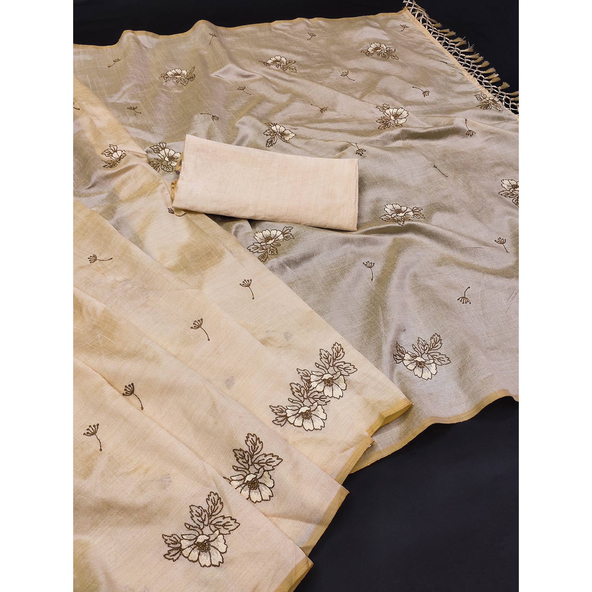Cream Floral Embroidered Art Silk Saree - Image 3