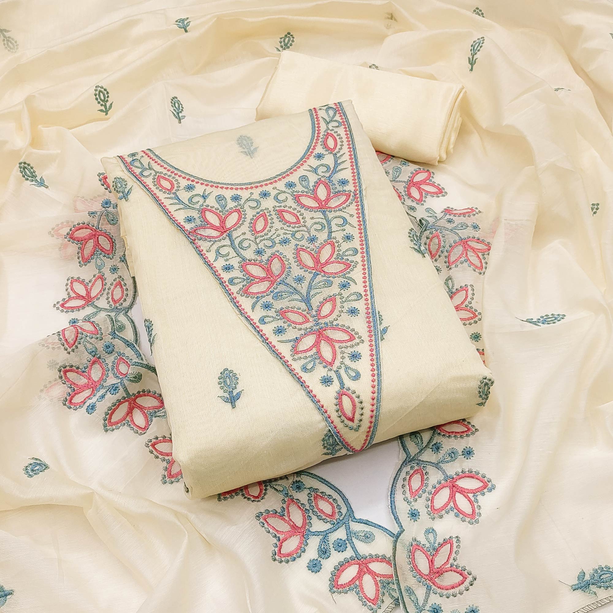 Cream Floral Embroidered Chanderi Dress Material - Image 3