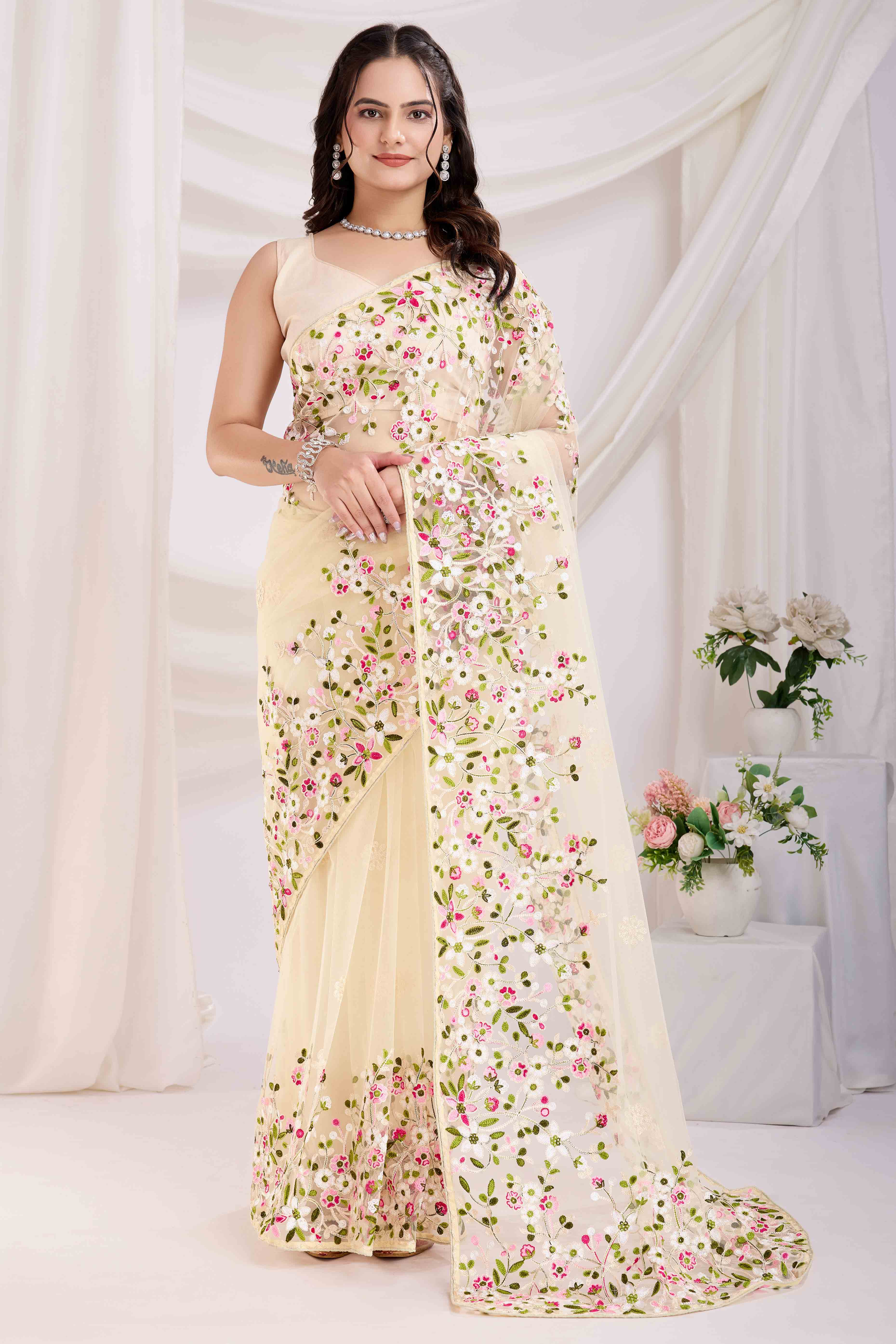 Cream Floral Embroidered Net Saree - Image 3