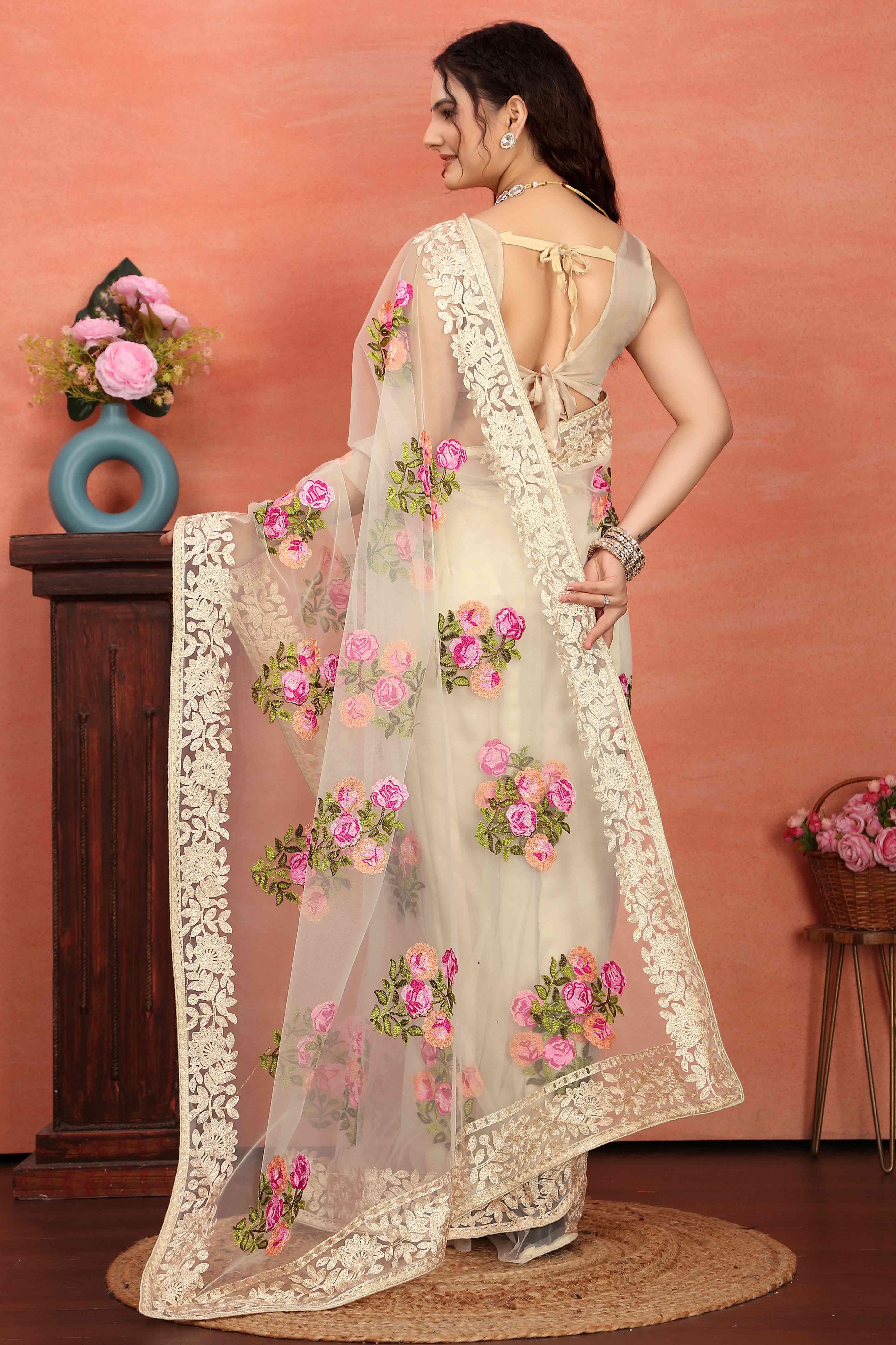 Cream Floral Embroidered Net Saree - Image 5