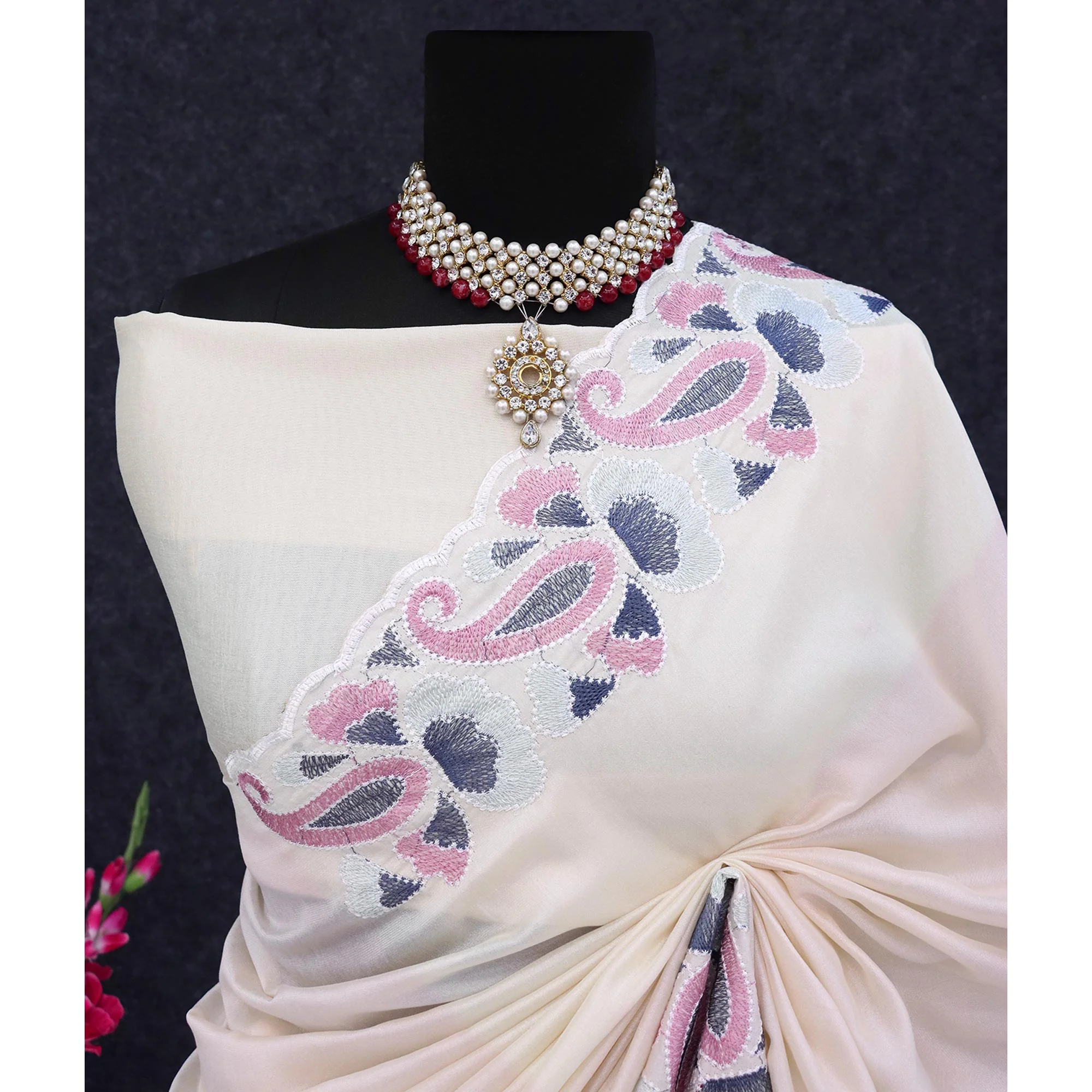 Cream Floral Embroidered Vichitra Silk Saree - Image 7