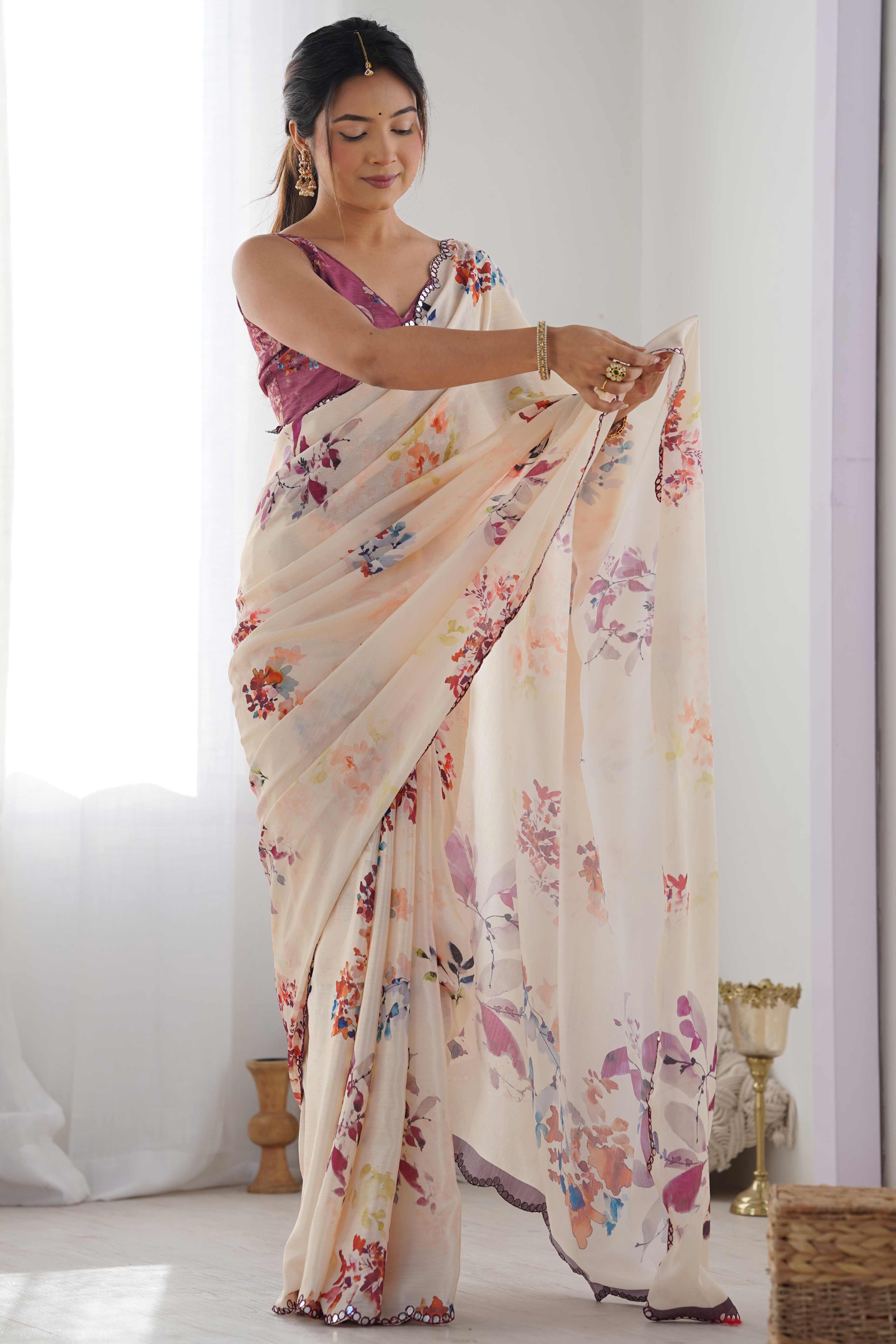 Cream Floral Printed Chinon Saree - Image 4