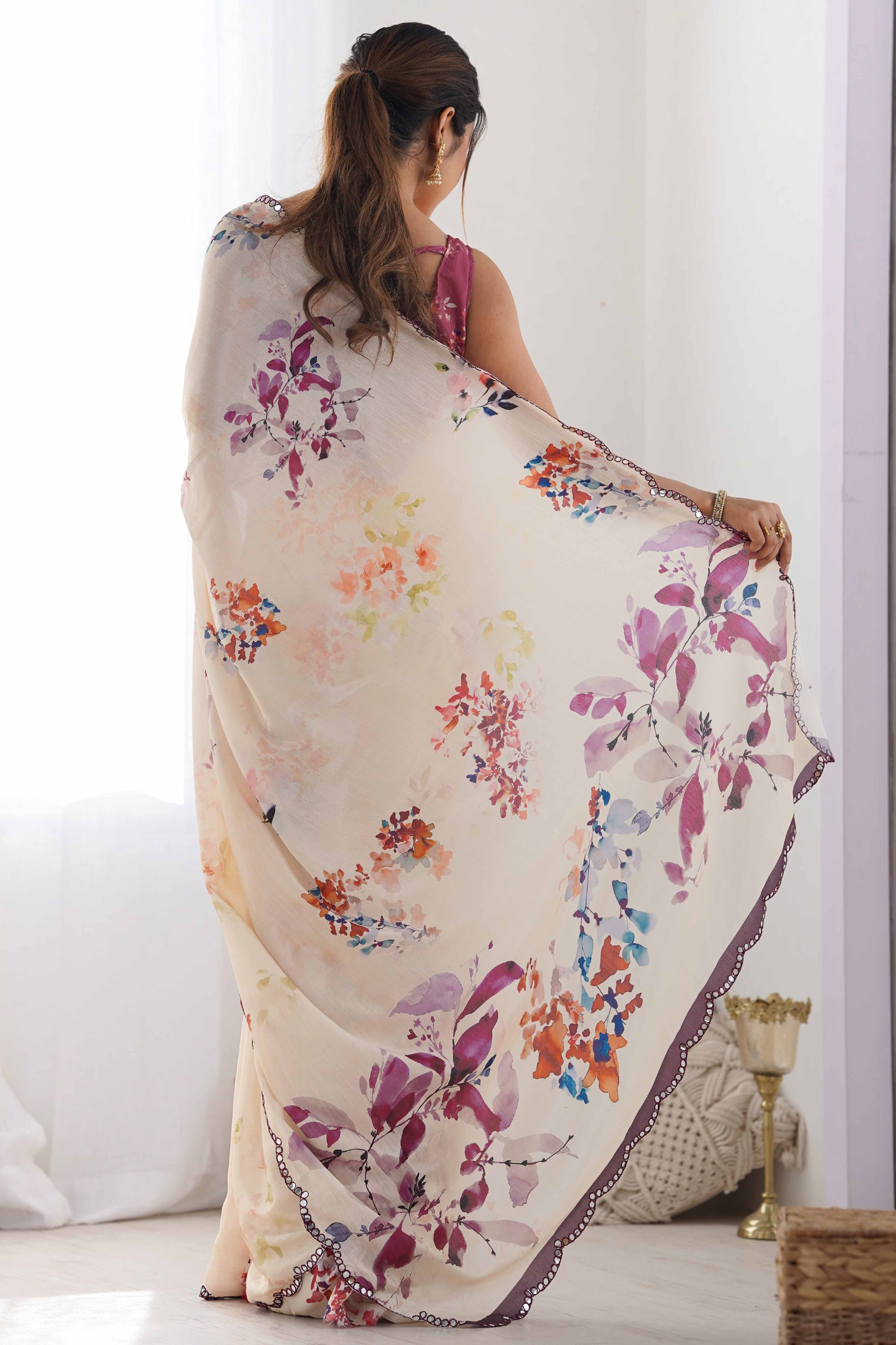 Cream Floral Printed Chinon Saree - Image 7