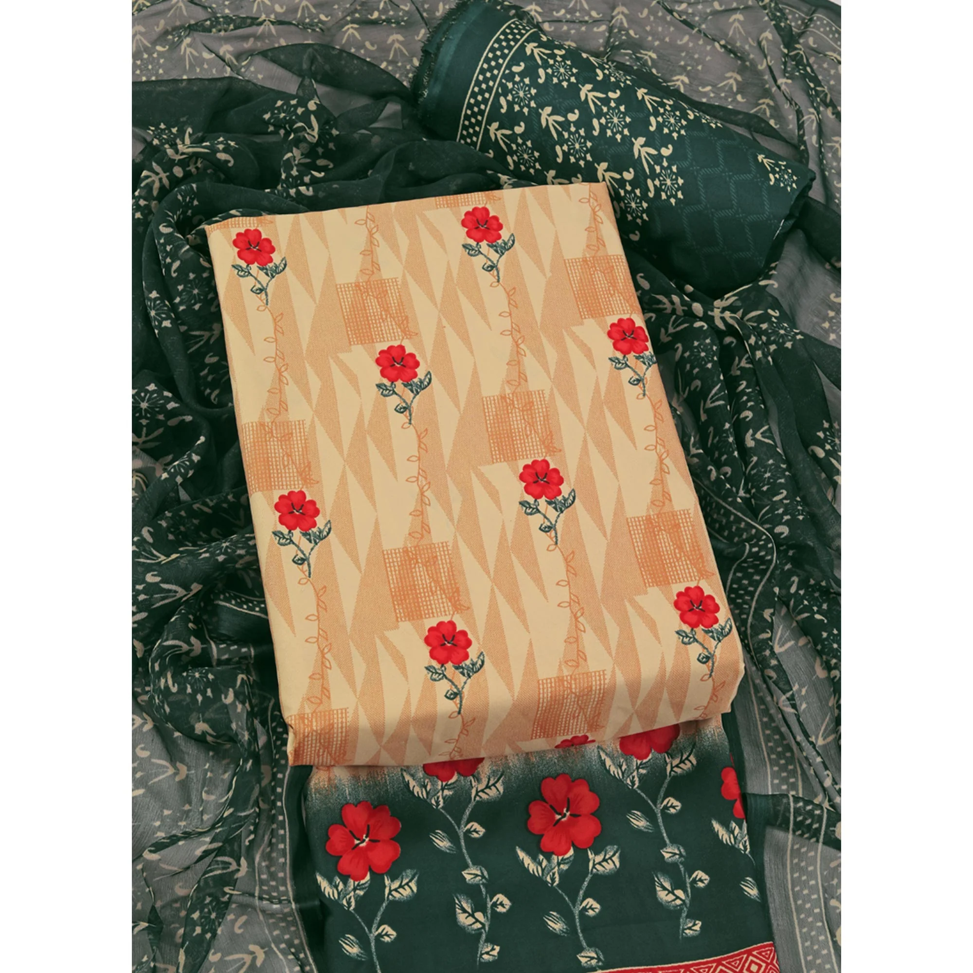 Cream Floral Printed Crepe Dress Material - Image 3