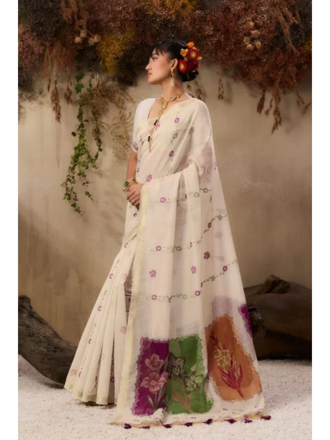 Cream Floral Printed Linen Festive Wear Saree
