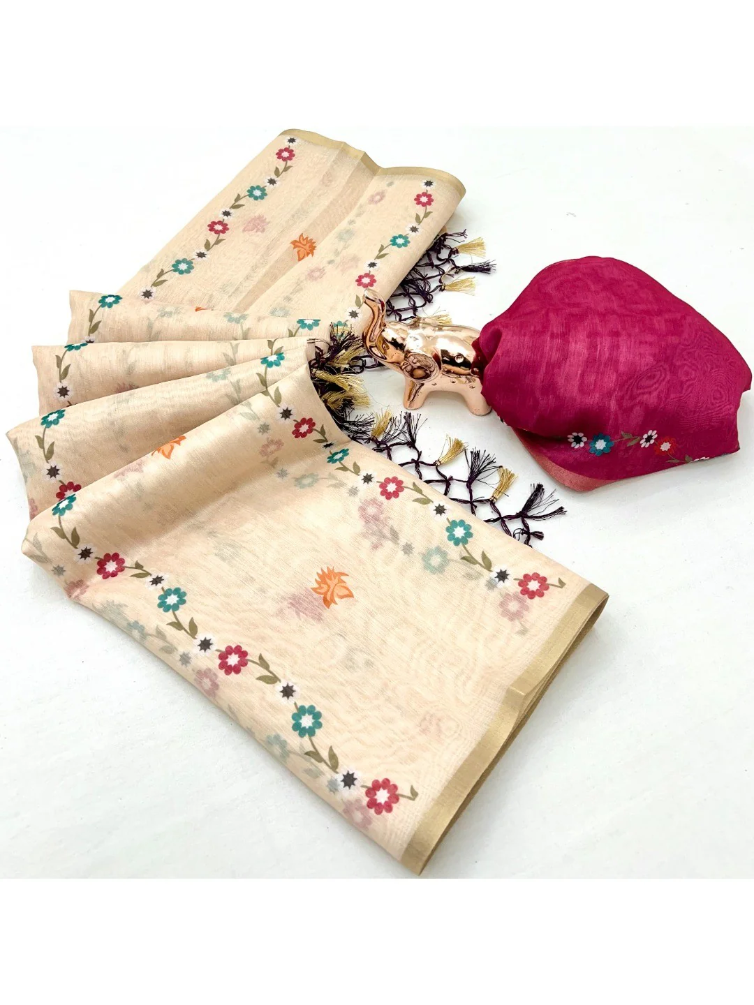 Cream Floral Printed Linen Festive Wear Saree - Image 2