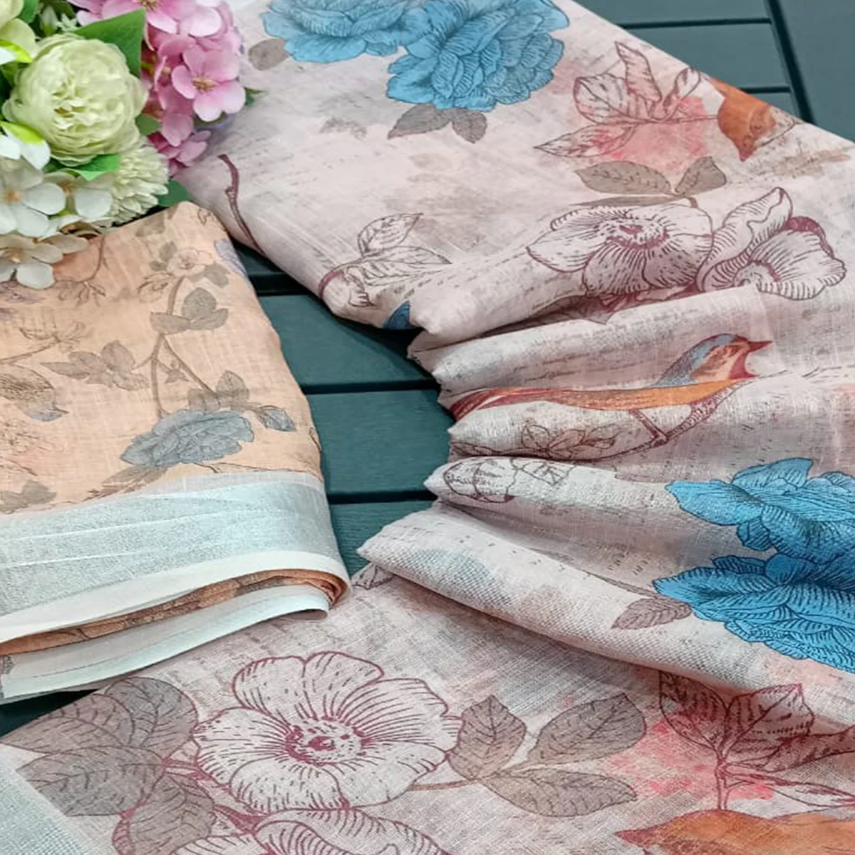 Cream Floral Printed Linen Saree - Image 2