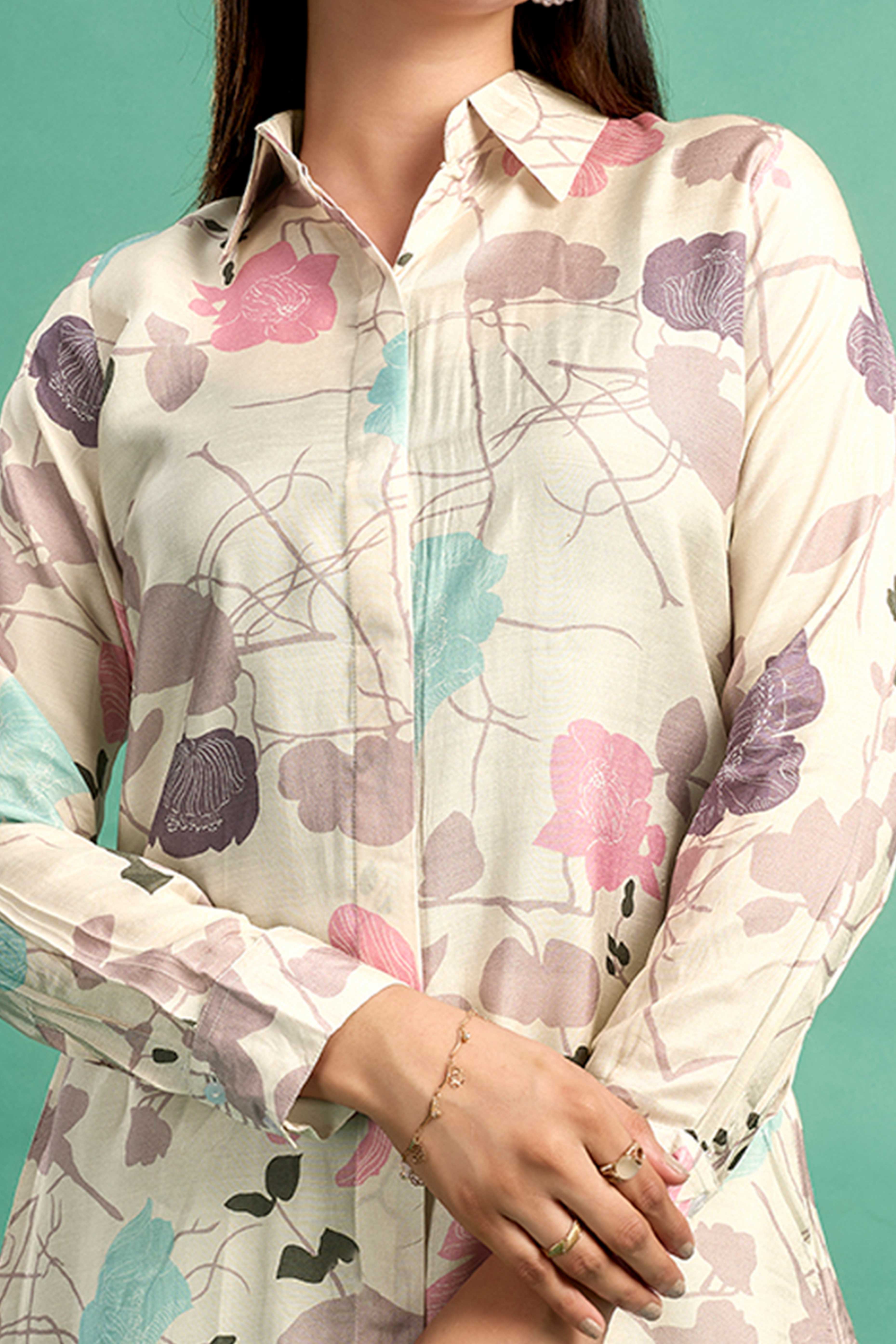 Cream Floral Printed Muslin Straight Top - Image 2