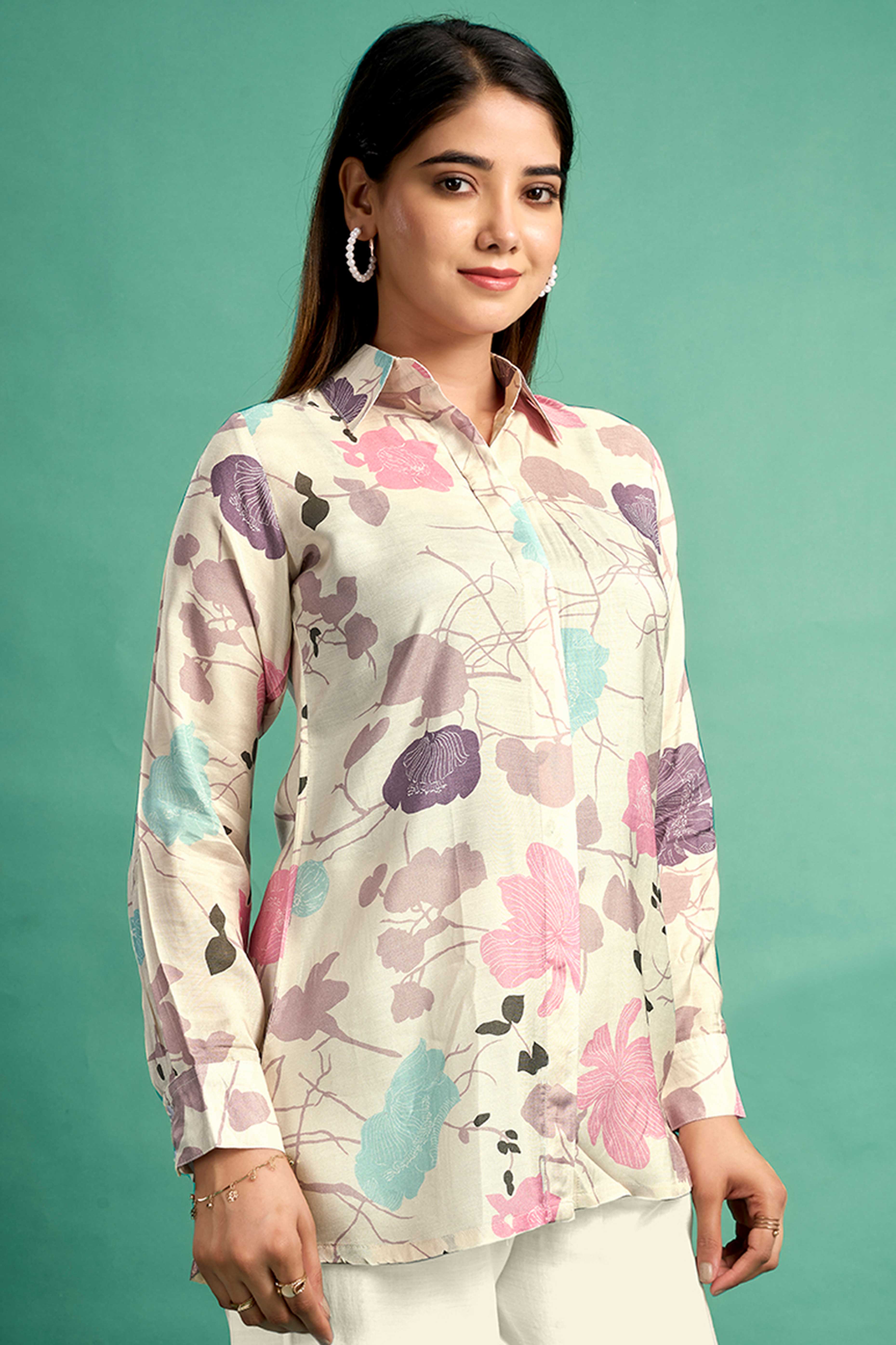Cream Floral Printed Muslin Straight Top - Image 4