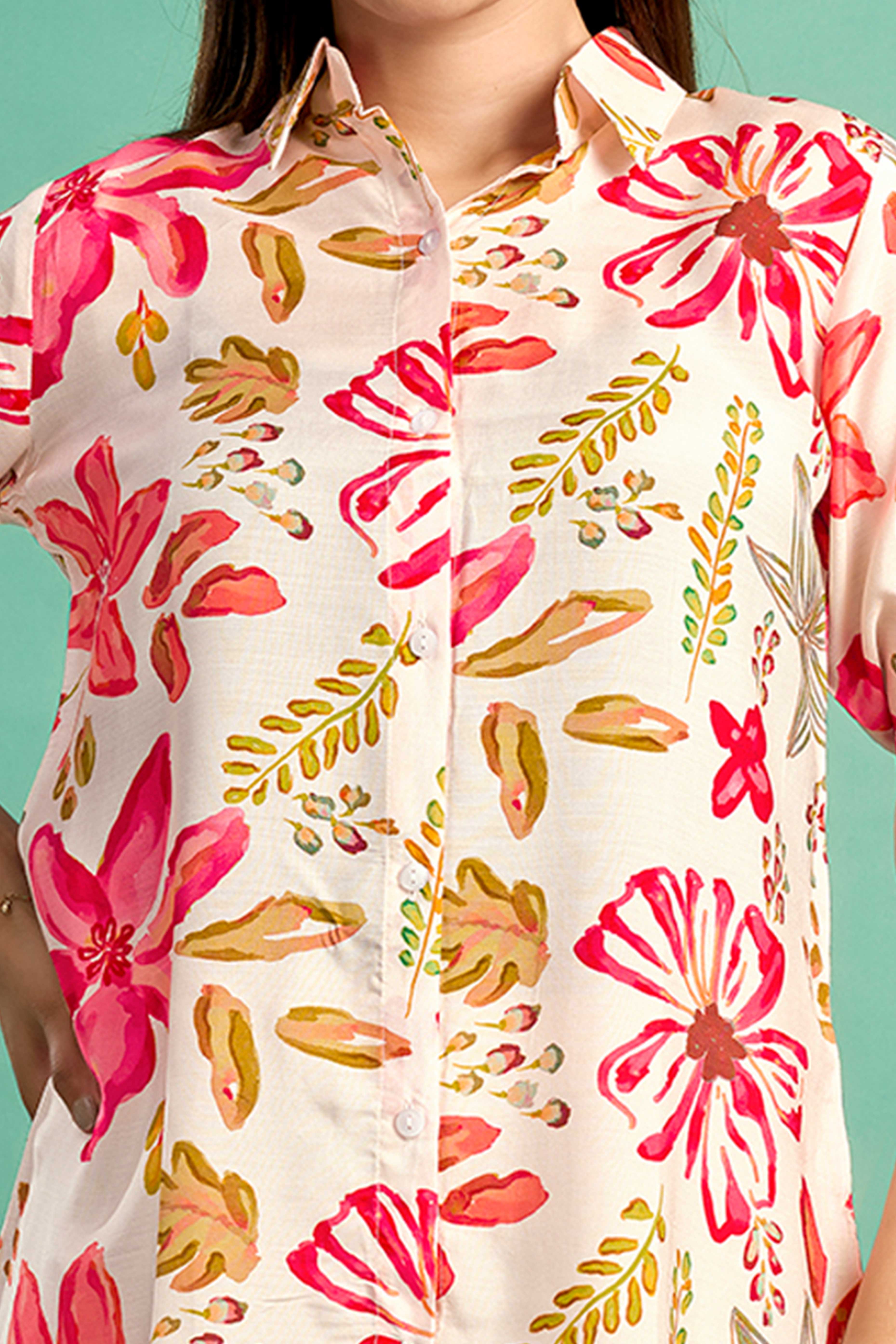 Cream & Pink Floral Printed Muslin Straight Top - Image 2