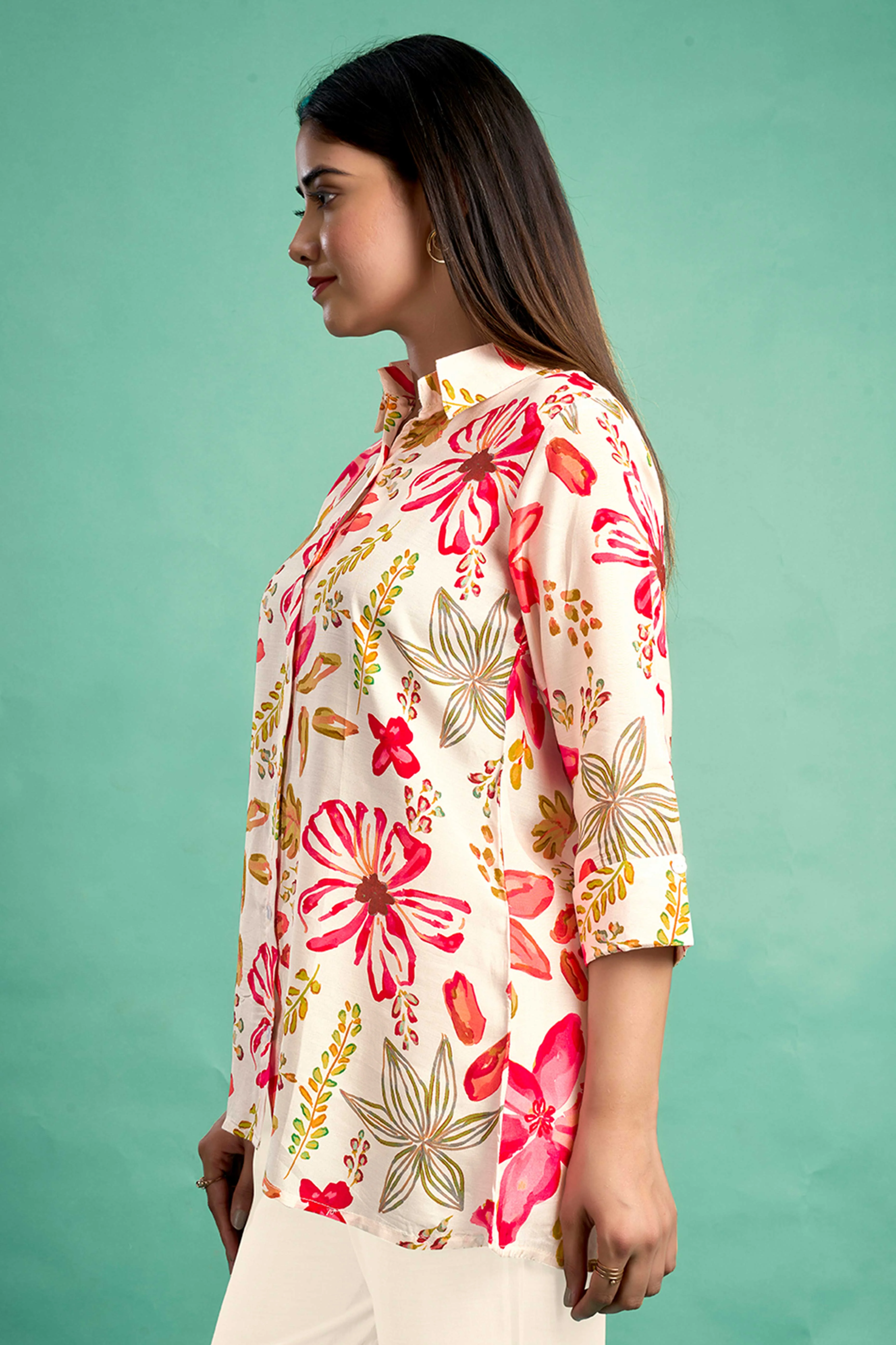 Cream & Pink Floral Printed Muslin Straight Top - Image 4