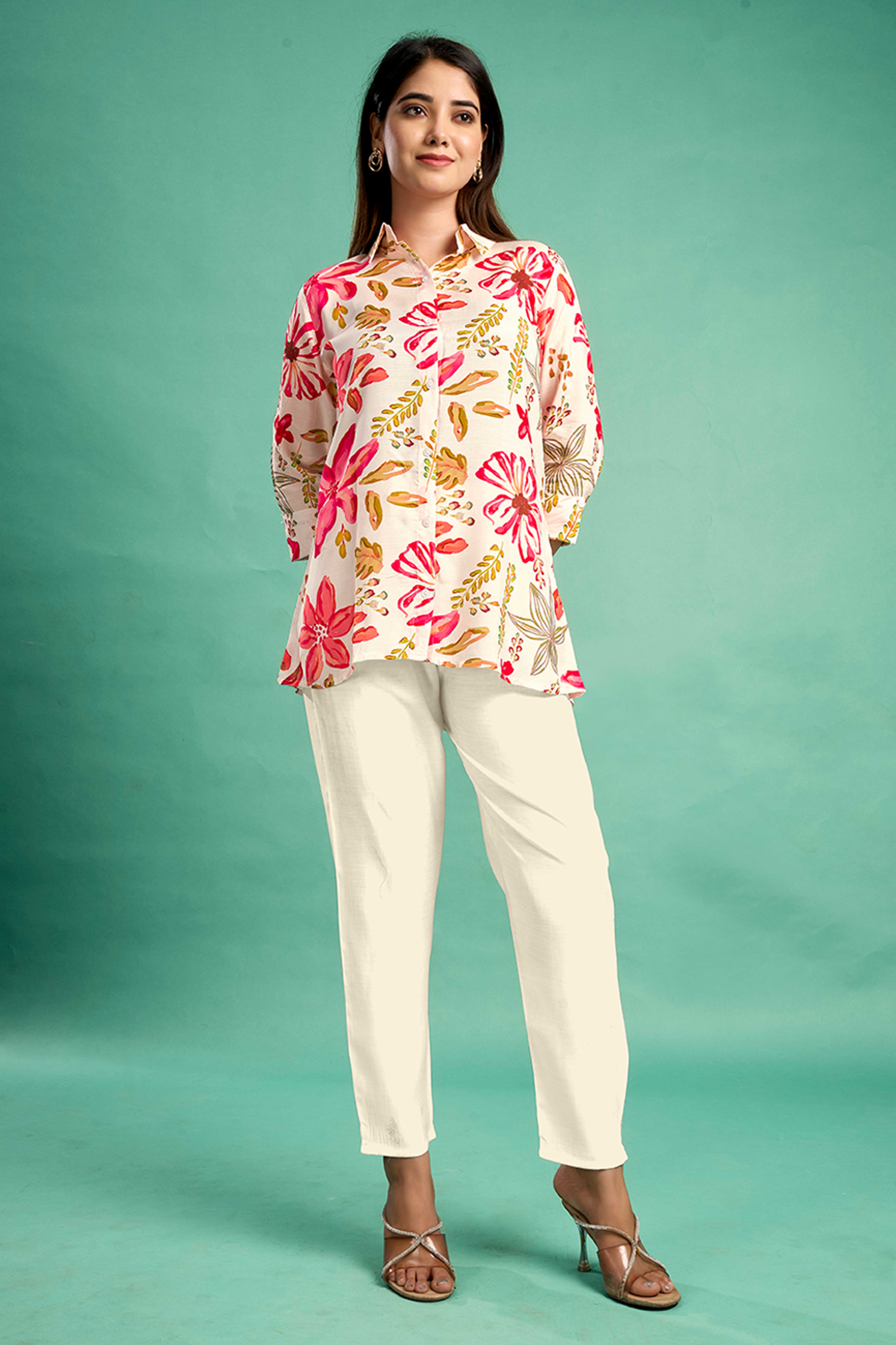 Cream & Pink Floral Printed Muslin Straight Top - Image 6