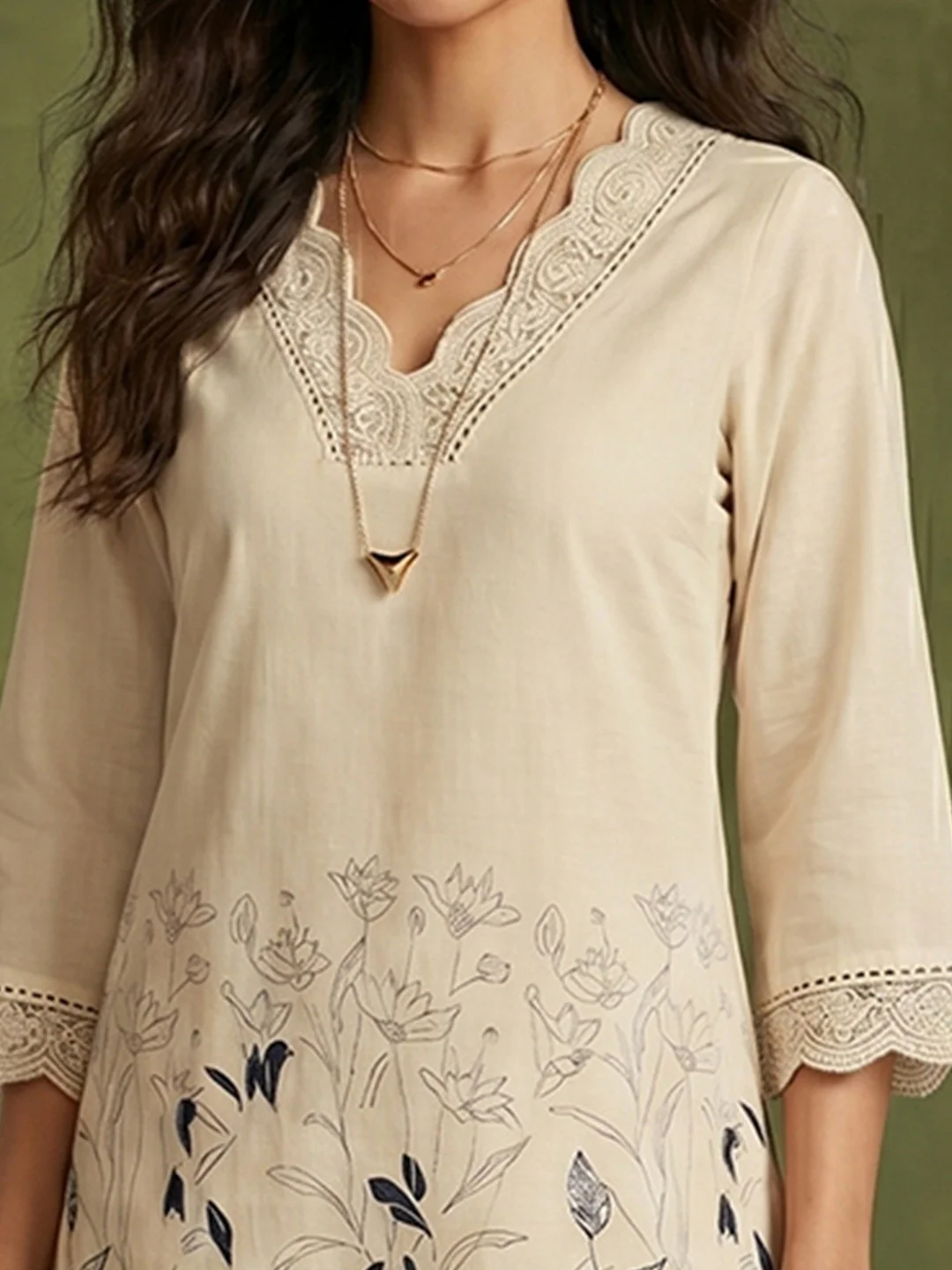 Cream Floral Printed Pure Cotton Straight Cut Top Bottom Set Elegant Look - Image 3