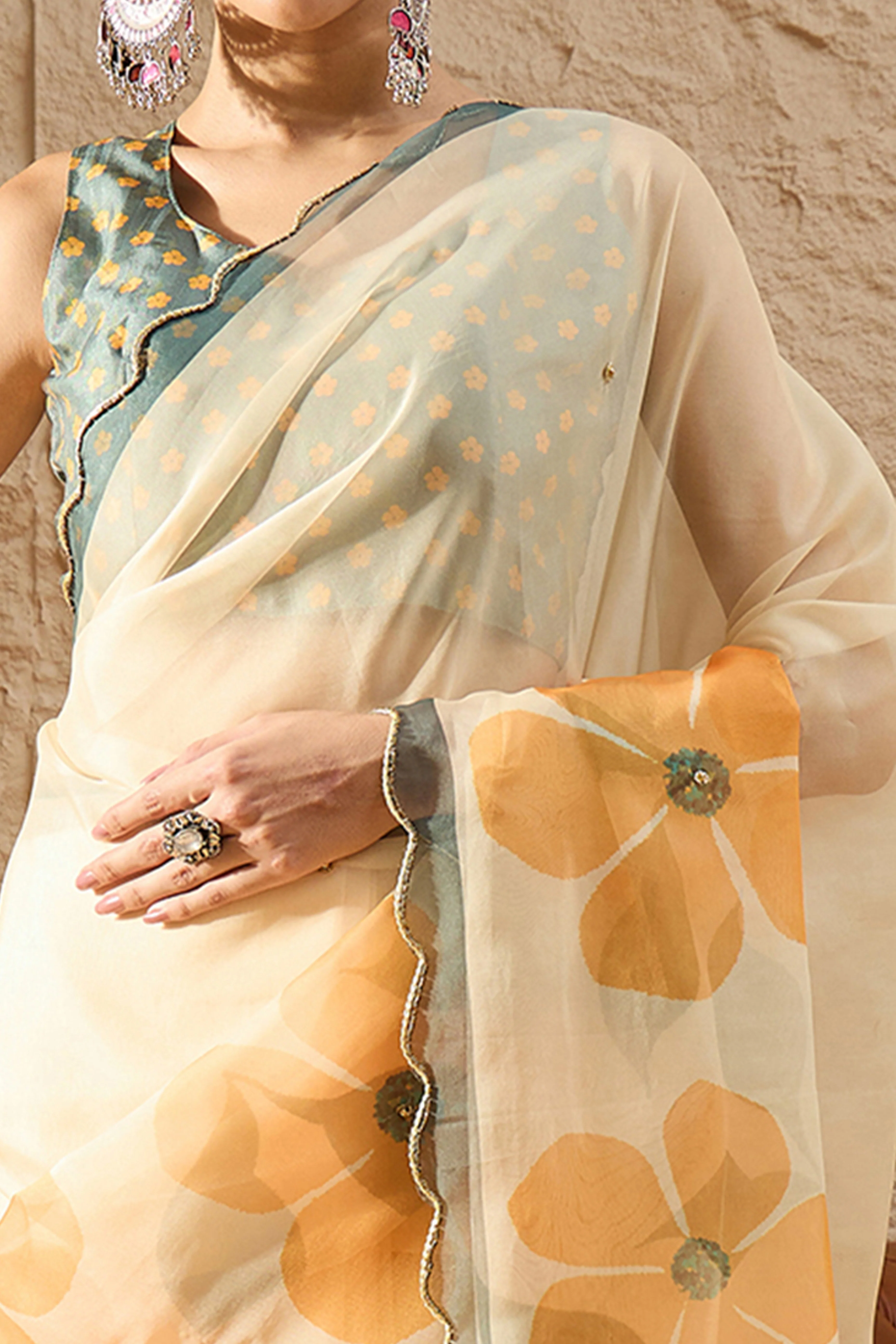 Cream Floral Printed Saree in Sheer Organza Blend Fabric with Handcrafted Beads Work - Image 2