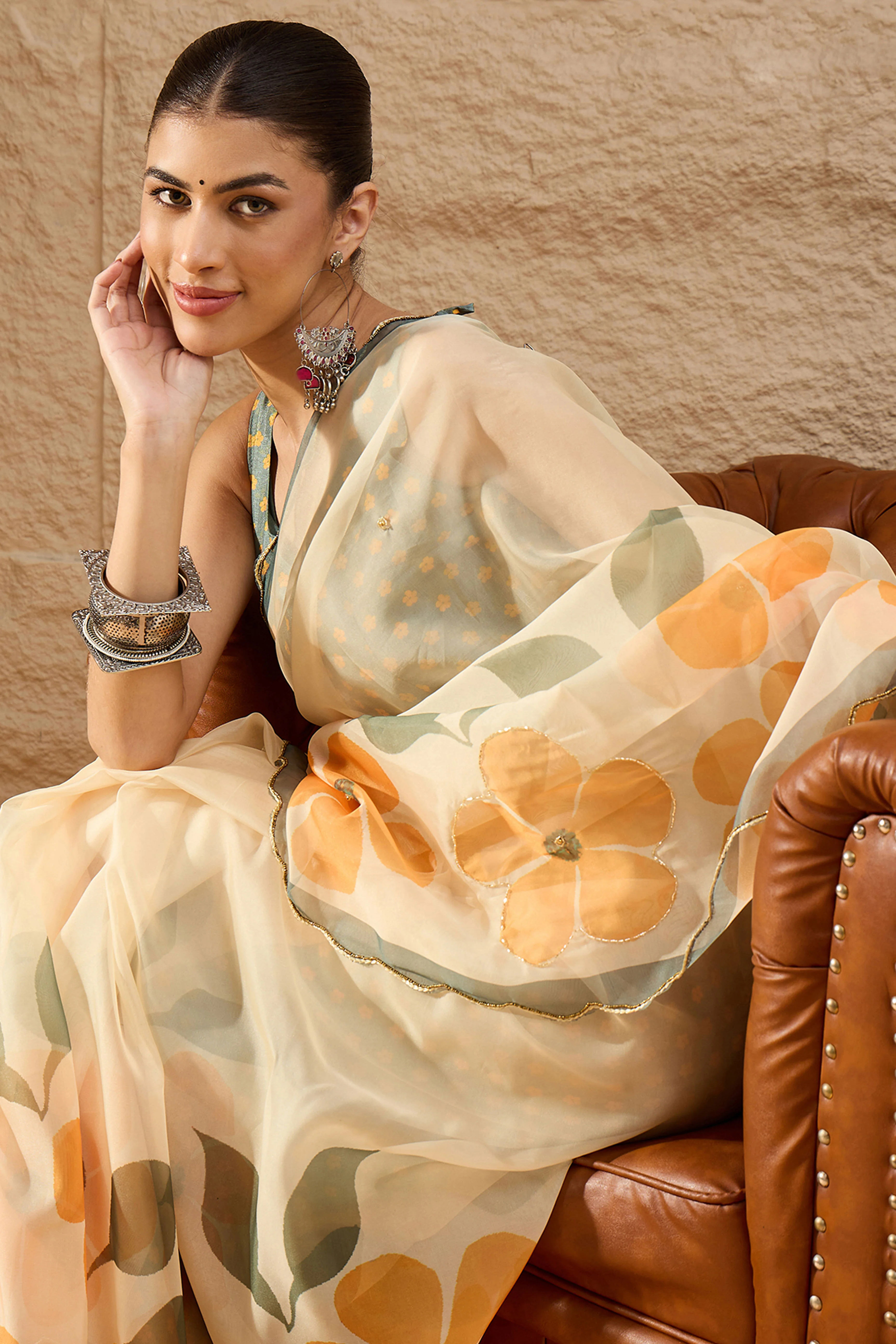 Cream Floral Printed Saree in Sheer Organza Blend Fabric with Handcrafted Beads Work - Image 6