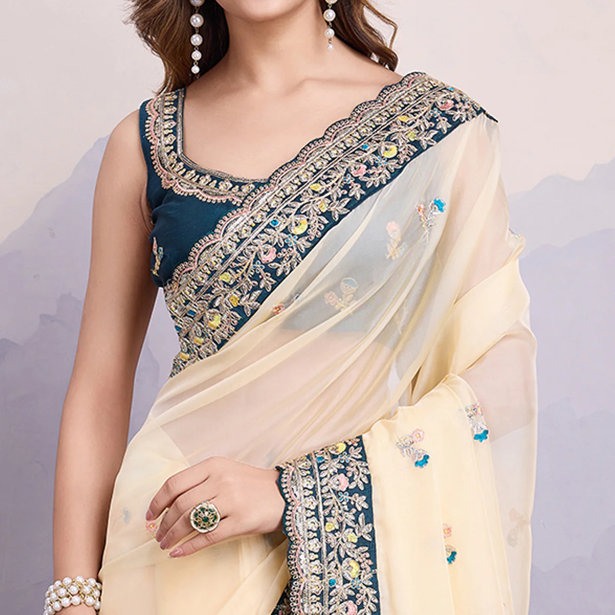 Cream Floral Sequins Embroidered Organza Saree With Lace Border - Image 3